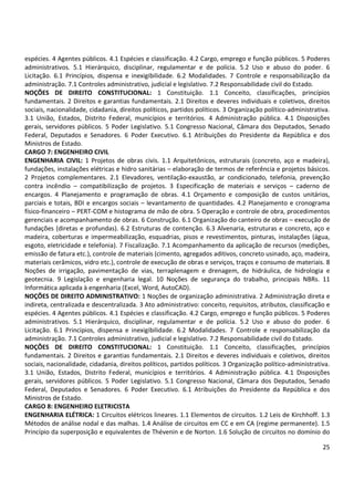 25
espécies. 4 Agentes públicos. 4.1 Espécies e classificação. 4.2 Cargo, emprego e função públicos. 5 Poderes
administrativos. 5.1 Hierárquico, disciplinar, regulamentar e de polícia. 5.2 Uso e abuso do poder. 6
Licitação. 6.1 Princípios, dispensa e inexigibilidade. 6.2 Modalidades. 7 Controle e responsabilização da
administração. 7.1 Controles administrativo, judicial e legislativo. 7.2 Responsabilidade civil do Estado.
NOÇÕES DE DIREITO CONSTITUCIONAL: 1 Constituição. 1.1 Conceito, classificações, princípios
fundamentais. 2 Direitos e garantias fundamentais. 2.1 Direitos e deveres individuais e coletivos, direitos
sociais, nacionalidade, cidadania, direitos políticos, partidos políticos. 3 Organização político-administrativa.
3.1 União, Estados, Distrito Federal, municípios e territórios. 4 Administração pública. 4.1 Disposições
gerais, servidores públicos. 5 Poder Legislativo. 5.1 Congresso Nacional, Câmara dos Deputados, Senado
Federal, Deputados e Senadores. 6 Poder Executivo. 6.1 Atribuições do Presidente da República e dos
Ministros de Estado.
CARGO 7: ENGENHEIRO CIVIL
ENGENHARIA CIVIL: 1 Projetos de obras civis. 1.1 Arquitetônicos, estruturais (concreto, aço e madeira),
fundações, instalações elétricas e hidro sanitárias – elaboração de termos de referência e projetos básicos.
2 Projetos complementares. 2.1 Elevadores, ventilação-exaustão, ar condicionado, telefonia, prevenção
contra incêndio – compatibilização de projetos. 3 Especificação de materiais e serviços – caderno de
encargos. 4 Planejamento e programação de obras. 4.1 Orçamento e composição de custos unitários,
parciais e totais, BDI e encargos sociais – levantamento de quantidades. 4.2 Planejamento e cronograma
físico-financeiro – PERT-COM e histograma de mão de obra. 5 Operação e controle de obra, procedimentos
gerenciais e acompanhamento de obras. 6 Construção. 6.1 Organização do canteiro de obras – execução de
fundações (diretas e profundas). 6.2 Estruturas de contenção. 6.3 Alvenaria, estruturas e concreto, aço e
madeira, coberturas e impermeabilização, esquadrias, pisos e revestimentos, pinturas, instalações (água,
esgoto, eletricidade e telefonia). 7 Fiscalização. 7.1 Acompanhamento da aplicação de recursos (medições,
emissão de fatura etc.), controle de materiais (cimento, agregados aditivos, concreto usinado, aço, madeira,
materiais cerâmicos, vidro etc.), controle de execução de obras e serviços, traços e consumo de materiais. 8
Noções de irrigação, pavimentação de vias, terraplenagem e drenagem, de hidráulica, de hidrologia e
geotecnia. 9 Legislação e engenharia legal. 10 Noções de segurança do trabalho, principais NBRs. 11
Informática aplicada à engenharia (Excel, Word, AutoCAD).
NOÇÕES DE DIREITO ADMINISTRATIVO: 1 Noções de organização administrativa. 2 Administração direta e
indireta, centralizada e descentralizada. 3 Ato administrativo: conceito, requisitos, atributos, classificação e
espécies. 4 Agentes públicos. 4.1 Espécies e classificação. 4.2 Cargo, emprego e função públicos. 5 Poderes
administrativos. 5.1 Hierárquico, disciplinar, regulamentar e de polícia. 5.2 Uso e abuso do poder. 6
Licitação. 6.1 Princípios, dispensa e inexigibilidade. 6.2 Modalidades. 7 Controle e responsabilização da
administração. 7.1 Controles administrativo, judicial e legislativo. 7.2 Responsabilidade civil do Estado.
NOÇÕES DE DIREITO CONSTITUCIONAL: 1 Constituição. 1.1 Conceito, classificações, princípios
fundamentais. 2 Direitos e garantias fundamentais. 2.1 Direitos e deveres individuais e coletivos, direitos
sociais, nacionalidade, cidadania, direitos políticos, partidos políticos. 3 Organização político-administrativa.
3.1 União, Estados, Distrito Federal, municípios e territórios. 4 Administração pública. 4.1 Disposições
gerais, servidores públicos. 5 Poder Legislativo. 5.1 Congresso Nacional, Câmara dos Deputados, Senado
Federal, Deputados e Senadores. 6 Poder Executivo. 6.1 Atribuições do Presidente da República e dos
Ministros de Estado.
CARGO 8: ENGENHEIRO ELETRICISTA
ENGENHARIA ELÉTRICA: 1 Circuitos elétricos lineares. 1.1 Elementos de circuitos. 1.2 Leis de Kirchhoff. 1.3
Métodos de análise nodal e das malhas. 1.4 Análise de circuitos em CC e em CA (regime permanente). 1.5
Princípio da superposição e equivalentes de Thévenin e de Norton. 1.6 Solução de circuitos no domínio do
 