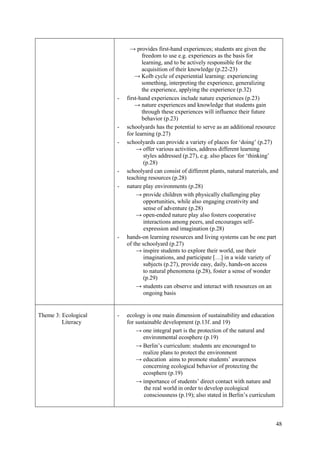 48
→ provides first-hand experiences; students are given the
freedom to use e.g. experiences as the basis for
learning, and to be actively responsible for the
acquisition of their knowledge (p.22-23)
→ Kolb cycle of experiential learning: experiencing
something, interpreting the experience, generalizing
the experience, applying the experience (p.32)
- first-hand experiences include nature experiences (p.23)
→ nature experiences and knowledge that students gain
through these experiences will influence their future
behavior (p.23)
- schoolyards has the potential to serve as an additional resource
for learning (p.27)
- schoolyards can provide a variety of places for „doing‟ (p.27)
→ offer various activities, address different learning
styles addressed (p.27), e.g. also places for „thinking‟
(p.28)
- schoolyard can consist of different plants, natural materials, and
teaching resources (p.28)
- nature play environments (p.28)
→ provide children with physically challenging play
opportunities, while also engaging creativity and
sense of adventure (p.28)
→ open-ended nature play also fosters cooperative
interactions among peers, and encourages self-
expression and imagination (p.28)
- hands-on learning resources and living systems can be one part
of the schoolyard (p.27)
→ inspire students to explore their world, use their
imaginations, and participate […] in a wide variety of
subjects (p.27), provide easy, daily, hands-on access
to natural phenomena (p.28), foster a sense of wonder
(p.29)
→ students can observe and interact with resources on an
ongoing basis
Theme 3: Ecological
Literacy
- ecology is one main dimension of sustainability and education
for sustainable development (p.13f. and 19)
→ one integral part is the protection of the natural and
environmental ecosphere (p.19)
→ Berlin‟s curriculum: students are encouraged to
realize plans to protect the environment
→ education aims to promote students‟ awareness
concerning ecological behavior of protecting the
ecosphere (p.19)
→ importance of students‟ direct contact with nature and
the real world in order to develop ecological
consciousness (p.19); also stated in Berlin‟s curriculum
 
