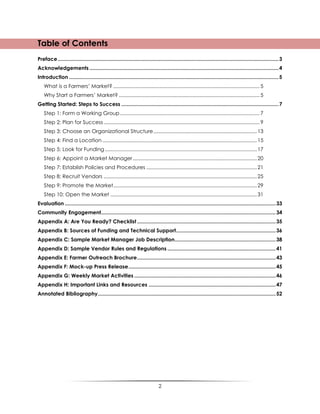 2
Table of Contents
Preface.........................................................................................................................................................3
Acknowledgements ...................................................................................................................................4
Introduction .................................................................................................................................................5
What is a Farmers‟ Market? .......................................................................................................... 5
Why Start a Farmers‟ Market? ...................................................................................................... 5
Getting Started: Steps to Success .............................................................................................................7
Step 1: Form a Working Group..................................................................................................... 7
Step 2: Plan for Success................................................................................................................. 9
Step 3: Choose an Organizational Structure...........................................................................13
Step 4: Find a Location................................................................................................................15
Step 5: Look for Funding ..............................................................................................................17
Step 6: Appoint a Market Manager..........................................................................................20
Step 7: Establish Policies and Procedures ................................................................................21
Step 8: Recruit Vendors ...............................................................................................................25
Step 9: Promote the Market........................................................................................................29
Step 10: Open the Market ..........................................................................................................31
Evaluation ..................................................................................................................................................33
Community Engagement.........................................................................................................................34
Appendix A: Are You Ready? Checklist ................................................................................................35
Appendix B: Sources of Funding and Technical Support.....................................................................36
Appendix C: Sample Market Manager Job Description......................................................................38
Appendix D: Sample Vendor Rules and Regulations ...........................................................................41
Appendix E: Farmer Outreach Brochure................................................................................................43
Appendix F: Mock-up Press Release......................................................................................................45
Appendix G: Weekly Market Activities ..................................................................................................46
Appendix H: Important Links and Resources ........................................................................................47
Annotated Bibliography...........................................................................................................................52
 