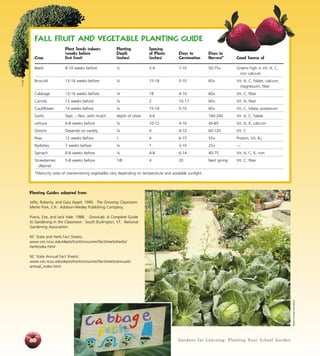 Gardens for Learning: Planting Your School Garden Gardens for Learning: Planting Your School Garden68
Fall Fruit and Vegetable Planting Guide
	 Plant Seeds indoors	 Planting	 Spacing
	 (weeks before	 Depth	 of Plants	 Days to	 Days to
Crop	 first frost)	 (inches)	 (inches)	 Germination	Harvest*	 Good Source of
Beets	 8-10 weeks before	 ½	 2-4	 7-10	 50-75+	 Greens high in Vit. A, C,
						 iron calcium
Broccoli	 13-14 weeks before	 ¼	 15-18	 5-10	 60+	 Vit. A, C, folate, calcium,
						 magnesium, fiber
Cabbage	 13-14 weeks before	 ¼	 18	 4-10	 60+	 Vit. C, fiber
Carrots	 13 weeks before	 ¼	 2	 10-17	 60+	 Vit. A, fiber
Cauliflower	 14 weeks before	 ¼	 15-18	 5-10	 60+	 Vit. C, folate, potassium
Garlic	 Sept. – Nov. with mulch	 depth of clove	 4-6		 160-200	 Vit. A, C, folate
Lettuce	 6-8 weeks before	 ¼	 10-12	 4-10	 45-65	 Vit. A, K, calcium
Onions	 Depends on variety	 ¼	 4	 4-12	 60-120	 Vit. C
Peas	 12 weeks before	 1	 4	 6-15	 55+	 Protein, Vit. B1
Radishes	 7 weeks before	 ¼	 1	 3-10	 25+	 —
Spinach	 6-8 weeks before	 ¼	 4-8	 6-14	 40-75	 Vit. A, C, K, iron
Strawberries	 5-8 weeks before	 1/8	 4	 20	 Next spring	 Vit. C, fiber
(Alpine)
*Maturity rates of overwintering vegetables vary depending on temperature and available sunlight.
5aday
Planting Guides adapted from:
Jaffe, Roberta, and Gary Appel. 1990. The Growing Classroom.
Menlo Park, CA: Addison-Wesley Publishing Company.
Pranis, Eve, and Jack Hale. 1988. GrowLab: A Complete Guide
to Gardening in the Classroom. South Burlington, VT. National
Gardening Association.
NC State and Herb Fact Sheets:
www.ces.ncsu.edu/depts/hort/consumer/factsheets/herbs/
herbindex.html
NC State Annual Fact Sheets:
www.ces.ncsu.edu/depts/hort/consumer/factsheets/annuals/
annual_index.html
WesternGrowersFoundation
 
