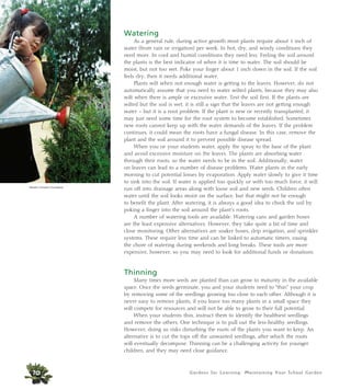 Gardens for Learning: Maintaining Your School Garden
Watering
As a general rule, during active growth most plants require about 1 inch of
water (from rain or irrigation) per week. In hot, dry, and windy conditions they
need more. In cool and humid conditions they need less. Feeling the soil around
the plants is the best indicator of when it is time to water. The soil should be
moist, but not too wet. Poke your finger about 1 inch down in the soil. If the soil
feels dry, then it needs additional water.
Plants wilt when not enough water is getting to the leaves. However, do not
automatically assume that you need to water wilted plants, because they may also
wilt when there is ample or excessive water. Test the soil first. If the plants are
wilted but the soil is wet, it is still a sign that the leaves are not getting enough
water – but it is a root problem. If the plant is new or recently transplanted, it
may just need some time for the root system to become established. Sometimes
new roots cannot keep up with the water demands of the leaves. If the problem
continues, it could mean the roots have a fungal disease. In this case, remove the
plant and the soil around it to prevent possible disease spread.
When you or your students water, apply the spray to the base of the plant
and avoid excessive moisture on the leaves. The plants are absorbing water
through their roots, so the water needs to be in the soil. Additionally, water
on leaves can lead to a number of disease problems. Water plants in the early
morning to cut potential losses by evaporation. Apply water slowly to give it time
to sink into the soil. If water is applied too quickly or with too much force, it will
run off into drainage areas along with loose soil and new seeds. Children often
water until the soil looks moist on the surface, but that might not be enough
to benefit the plant. After watering, it is always a good idea to check the soil by
poking a finger into the soil around the plant’s roots.
A number of watering tools are available. Watering cans and garden hoses
are the least expensive alternatives. However, they take quite a bit of time and
close monitoring. Other alternatives are soaker hoses, drip irrigation, and sprinkler
systems. These require less time and can be linked to automatic timers, easing
the chore of watering during weekends and long breaks. These tools are more
expensive, however, so you may need to look for additional funds or donations.
Thinning
Many times more seeds are planted than can grow to maturity in the available
space. Once the seeds germinate, you and your students need to “thin” your crop
by removing some of the seedlings growing too close to each other. Although it is
never easy to remove plants, if you leave too many plants in a small space they
will compete for resources and will not be able to grow to their full potential.
When your students thin, instruct them to identify the healthiest seedlings
and remove the others. One technique is to pull out the less-healthy seedlings.
However, doing so risks disturbing the roots of the plants you want to keep. An
alternative is to cut the tops off the unwanted seedlings, after which the roots
will eventually decompose. Thinning can be a challenging activity for younger
children, and they may need close guidance.
70
Western Growers Foundation
 