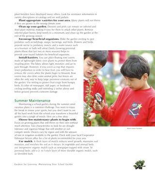 Gardens for Learning: Maintaining Your School Garden
plant breeders have developed many others. Look for resistance information in
variety descriptions in catalogs and on seed packets.
Plant appropriate varieties for your area. Many plants will not thrive
if they are grown in the wrong climate zone.
Clean up your garden. Diseases and pests can remain on infected and
dead plant material, making it easy for them to attack other plants. Remove
infected plant leaves, keep weeds to a minimum, and clean up the garden at the
end of the growing season.
Encourage beneficial organisms. Make the garden inviting to pest
predators such as ladybugs, wasps, lacewings, and birds. Flowers and herbs
provide nectar to predatory insects, and a water source such
as a fountain or bath will attract birds. Growing perennial
plants (those that last two or more seasons) helps to
provide year-round habitats for beneficial organisms.
Install barriers. You can place floating row covers
made of lightweight fabric over plants to protect them from
invading pests. The fabric allows light, moisture, and air to
pass through. However, if you cover a crop that requires
insect pollination in order to bear fruit, you will have to
remove the covers when the plants begin to blossom. Row
covers may also deter some animal pests, but fences are
often the only way to keep large, persistent creatures out of
the garden. Use netting to protect fruit crops from hungry
birds. A collar of newspaper, stiff paper, or boxboard
circling seedling stalks and extending 2 inches above and
below ground prevents cutworm damage.
Summer Maintenance
Maintaining a school garden during the summer amid
vacation plans is a common challenge. You want to enjoy
the break to renew your spirits, but you don’t want to see
all the hard work from the school year transform a beautiful
garden into a jungle of weeds. Here are a few ideas:
Choose low-maintenance plants to begin with.
Focus on growing plants that will thrive on their own without
much attention. Two characteristics to look for are drought
tolerance and vigorous foliage that will smother or out-
compete weeds. Choices vary by region and with the amount
of rain or irrigation available to the garden. Check with your local Cooperative
Extension Service office for a list of plants recommended for your area.
Use mulch. A thick layer of mulch reduces weed growth, maintains soil
moisture, and enriches the soil as it decays. In vegetable and annual beds,
use inexpensive organic mulch such as newspaper topped with straw. In
perennial beds, add a 2- to 3-inch layer of more durable organic mulch, such
as shredded bark.
75
Western Growers Foundation
 