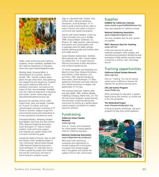 95Gardens for Learning: Resources
Steps to a Bountiful Kids’ Garden. Amy
Gifford. 2001. National Gardening
Association, South Burlington, VT. A
how-to guide containing all you need to
know to launch and sustain a school or
community kids’ gardening program.
Success with School Gardens. Linda Guy,
Cathy Cromwell, and Lucy K. Bradley.
1996. Arizona Master Gardeners, Inc.,
Phoenix, AZ. Helps teachers, administrators,
and parents start school gardens and
is especially useful for desert settings.
Includes planting guides and funding, seed,
and supply sources.
Sunset Western Garden Book. Kathleen
Norris Brenzel (Ed). 2001. Sunset Publish-
ing, Menlo Park, CA. A great resource
featuring thousands of plant descriptions
and numerous gardening tips.
10 Terrific Vegetables and Everything You
Need to Grow Them. Barbara Richardson,
Amy Gifford, Charlie Nardozzi, and
Eve Pranis. 2002. National Gardening
Assoc-iation, South Burlington, VT. Basic
gardening information and lively historical
and cultural connections to deepen kids’
appreciation of 10 crops.
The Growing Classroom. Roberta Jaffe
and Gary Appel. 1990. Addison-Wesley
Publishing Company, Menlo Park, CA. The
Life Lab Science Program’s award-winning
resource book containing step-by-step
instructions for setting up a garden-based
science program and dozens of outdoor
classroom activities.
Fundraising
California School Garden
Network
www.csgn.org
Click on “Grants and Fundraising”
for school garden funding opportu-
nities for California educators.
National Gardening Association
www.kidsgardening.com/grants
NGA works with sponsoring
companies and organizations to
provide funding and in-kind grants
to projects that actively engage
kids in the garden and improve the
quality of life for their communities.
Supplies
KidMAX for California’s Schools
www.ciwmb.ca.gov/CalMAX/Kidmax.htm
Free used materials for California schools.
National Gardening Association
www.kidsgardeningstore.com
The most complete store for kids’ garden-
ing supplies.
RAFT, Resource Area for Teaching
www.raft.net
A low-cost resource for tools and
materials (computers, office supplies, and
manufacturing by-products donated by local
businesses) to help teachers promote hands-
on learning in science, math, technology,
and art.
Training opportunities
California School Garden Network
www.csgn.org
Click on “Training” for a list of training
centers across California or browse the
calendar for upcoming training events.
Life Lab Science Program
www.lifelab.org
Offers workshops for educators in garden-
based science and nutrition, at schools and
at the Life Lab garden.
The Watershed Project
www.thewatershedproject.org
A listing of services, workshops, and grant
programs for Bay Area school gardeners.
health, while reinforcing some California
academic content standards. Available from
the California Department of Education:
www.cde.ca.gov/ re/pn/rc/ap/pubcat.aspx.
Planting Seeds, Growing Minds: A
Horticultural K-6 Curriculum. Kathryn
Donald. 1991. Teaches students about
plants through observation, data gathering,
and categorizing and sequencing. Students
also acquire reasoning skills, learn to
synthesize information, and examine the
impact of their new knowledge. Available
from the California Association of Nurseries
and Garden Centers: www.cangc.org/
educationAndCareer/curriculum.asp
Resources for Learning. 2nd ed, 2003.
Project Food, Land, and People, Chandler,
AZ. A pre-K-12 science- and social
sciences-based curriculum consisting of 55
hands-on activities. Subjects range from
environmental science and stewardship to
human populations and land-use issues.
Schoolyard Mosaics: Designing Gardens
and Habitats. Eve Pranis and Amy Gifford.
2002. National Gardening Association,
South Burlington, VT. How to involve
students, build community support,
and integrate your garden project with
curriculum and learning goals.
Sowing the Seeds of Success: How to Start
and Sustain a Kids’ Gardening Project in
Your Community. Marcia Eames-Sheavly.
1999. National Gardening Association,
South Burlington, VT. Describes how to
initiate a gardening project that involves
kids and the community, and how to
ensure long-term program success.
AliciaDickerson/LifeLab
UniversityofCaliforniaDepartmentofAgricultureNaturalResources
 