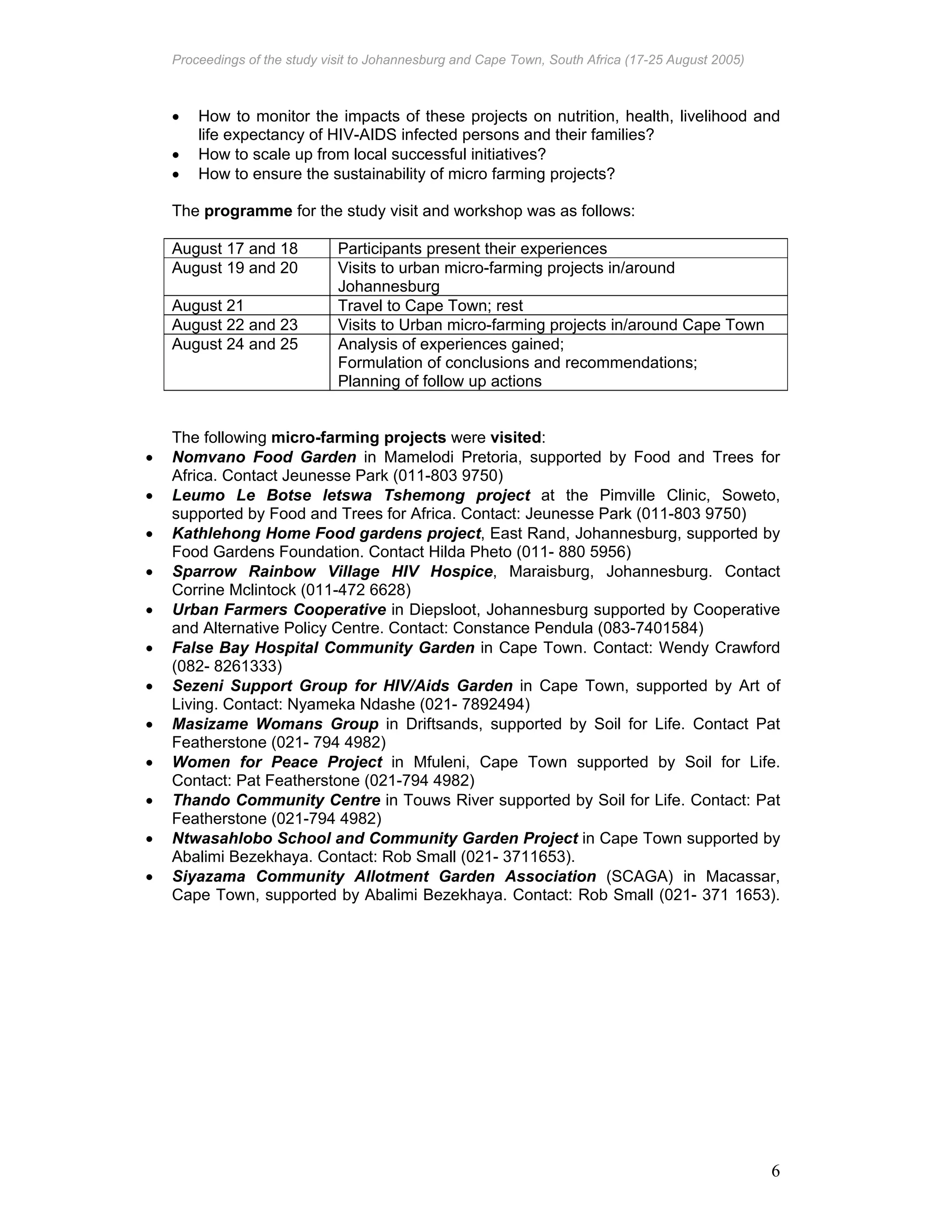 Proceedings of the study visit to Johannesburg and Cape Town, South Africa (17-25 August 2005)
6
• How to monitor the impacts of these projects on nutrition, health, livelihood and
life expectancy of HIV-AIDS infected persons and their families?
• How to scale up from local successful initiatives?
• How to ensure the sustainability of micro farming projects?
The programme for the study visit and workshop was as follows:
August 17 and 18 Participants present their experiences
August 19 and 20 Visits to urban micro-farming projects in/around
Johannesburg
August 21 Travel to Cape Town; rest
August 22 and 23 Visits to Urban micro-farming projects in/around Cape Town
August 24 and 25 Analysis of experiences gained;
Formulation of conclusions and recommendations;
Planning of follow up actions
The following micro-farming projects were visited:
• Nomvano Food Garden in Mamelodi Pretoria, supported by Food and Trees for
Africa. Contact Jeunesse Park (011-803 9750)
• Leumo Le Botse letswa Tshemong project at the Pimville Clinic, Soweto,
supported by Food and Trees for Africa. Contact: Jeunesse Park (011-803 9750)
• Kathlehong Home Food gardens project, East Rand, Johannesburg, supported by
Food Gardens Foundation. Contact Hilda Pheto (011- 880 5956)
• Sparrow Rainbow Village HIV Hospice, Maraisburg, Johannesburg. Contact
Corrine Mclintock (011-472 6628)
• Urban Farmers Cooperative in Diepsloot, Johannesburg supported by Cooperative
and Alternative Policy Centre. Contact: Constance Pendula (083-7401584)
• False Bay Hospital Community Garden in Cape Town. Contact: Wendy Crawford
(082- 8261333)
• Sezeni Support Group for HIV/Aids Garden in Cape Town, supported by Art of
Living. Contact: Nyameka Ndashe (021- 7892494)
• Masizame Womans Group in Driftsands, supported by Soil for Life. Contact Pat
Featherstone (021- 794 4982)
• Women for Peace Project in Mfuleni, Cape Town supported by Soil for Life.
Contact: Pat Featherstone (021-794 4982)
• Thando Community Centre in Touws River supported by Soil for Life. Contact: Pat
Featherstone (021-794 4982)
• Ntwasahlobo School and Community Garden Project in Cape Town supported by
Abalimi Bezekhaya. Contact: Rob Small (021- 3711653).
• Siyazama Community Allotment Garden Association (SCAGA) in Macassar,
Cape Town, supported by Abalimi Bezekhaya. Contact: Rob Small (021- 371 1653).
 