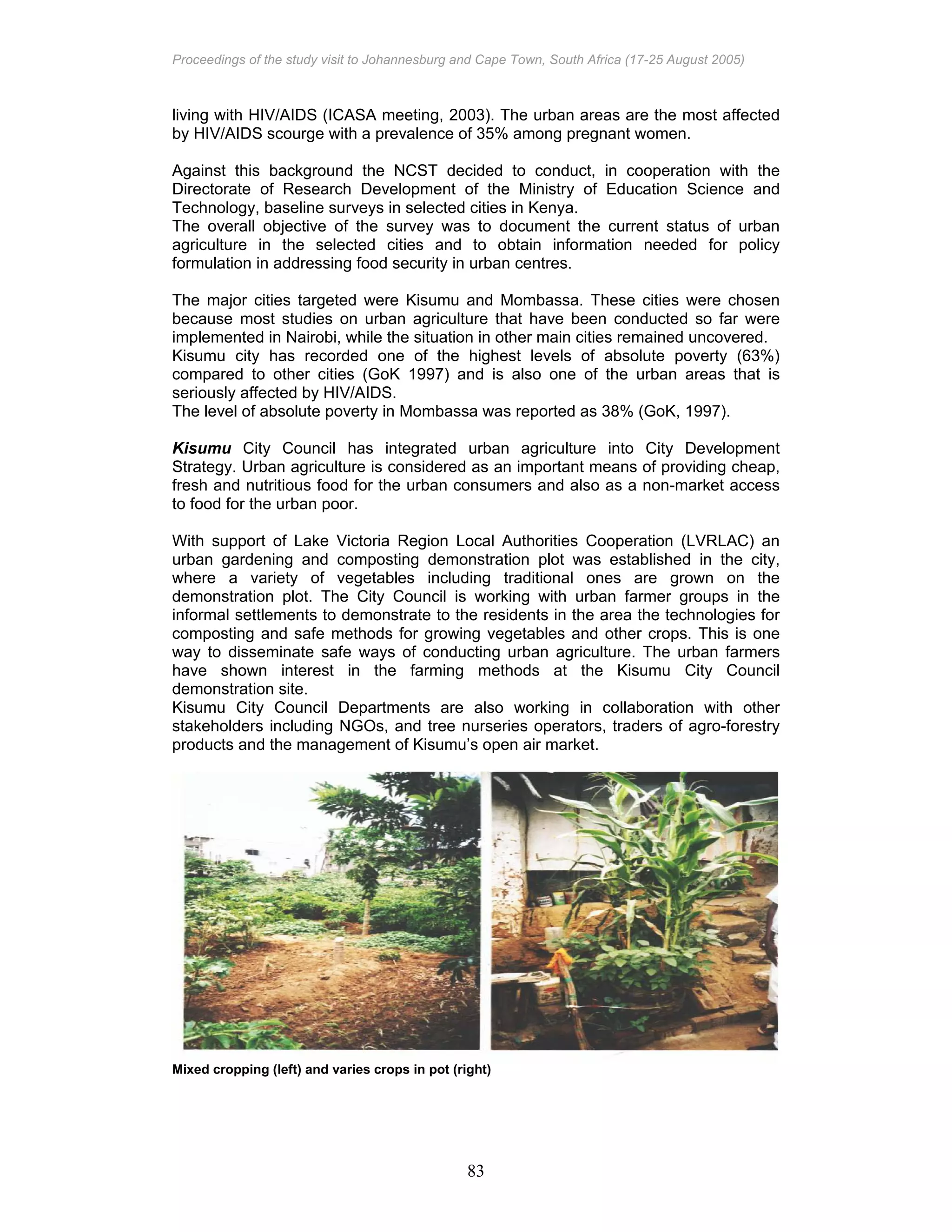 Proceedings of the study visit to Johannesburg and Cape Town, South Africa (17-25 August 2005)
83
living with HIV/AIDS (ICASA meeting, 2003). The urban areas are the most affected
by HIV/AIDS scourge with a prevalence of 35% among pregnant women.
Against this background the NCST decided to conduct, in cooperation with the
Directorate of Research Development of the Ministry of Education Science and
Technology, baseline surveys in selected cities in Kenya.
The overall objective of the survey was to document the current status of urban
agriculture in the selected cities and to obtain information needed for policy
formulation in addressing food security in urban centres.
The major cities targeted were Kisumu and Mombassa. These cities were chosen
because most studies on urban agriculture that have been conducted so far were
implemented in Nairobi, while the situation in other main cities remained uncovered.
Kisumu city has recorded one of the highest levels of absolute poverty (63%)
compared to other cities (GoK 1997) and is also one of the urban areas that is
seriously affected by HIV/AIDS.
The level of absolute poverty in Mombassa was reported as 38% (GoK, 1997).
Kisumu City Council has integrated urban agriculture into City Development
Strategy. Urban agriculture is considered as an important means of providing cheap,
fresh and nutritious food for the urban consumers and also as a non-market access
to food for the urban poor.
With support of Lake Victoria Region Local Authorities Cooperation (LVRLAC) an
urban gardening and composting demonstration plot was established in the city,
where a variety of vegetables including traditional ones are grown on the
demonstration plot. The City Council is working with urban farmer groups in the
informal settlements to demonstrate to the residents in the area the technologies for
composting and safe methods for growing vegetables and other crops. This is one
way to disseminate safe ways of conducting urban agriculture. The urban farmers
have shown interest in the farming methods at the Kisumu City Council
demonstration site.
Kisumu City Council Departments are also working in collaboration with other
stakeholders including NGOs, and tree nurseries operators, traders of agro-forestry
products and the management of Kisumu’s open air market.
Mixed cropping (left) and varies crops in pot (right)
 