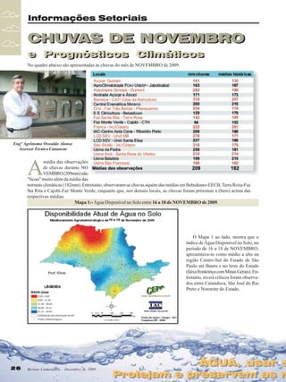 Informações Setoriais

CHUVAS DE NOVEMBRO
e Prognósticos Climáticos
e Prognósticos Climáticos
No quadro abaixo são apresentadas as chuvas do mês de NOVEMBRO de 2009.

Engº Agrônomo Oswaldo Alonso
Assessor Técnico Canaoeste

A

média das observações
de chuvas durante NO
VEMBRO (209mm) não
"ficou" muito além da média das
normais climáticas (182mm). Entretanto, observaram-se chuvas aquém das médias em Bebedouro-EECB, Terra Roxa-Faz
Sta Rita e Cajobi-Faz Monte Verde; enquanto que, nos demais locais, as chuvas foram próximas a (bem) acima das
respectivas médias.
Mapa 1:- Água Disponível no Solo entre 16 a 18 de NOVEMBRO de 2009.

O Mapa 1 ao lado, mostra que o
índice de Água Disponível no Solo, no
período de 16 a 18 de NOVEMBRO,
apresentava-se como médio a alto na
região Centro-Sul do Estado de São
Paulo até Bauru e no leste do Estado
(faixa fronteiriça com Minas Gerais). Entretanto, níveis críticos foram observados entre Catanduva, São José do Rio
Preto e Noroeste do Estado.

26
26

Revista Canavieiros - Dezembro de 2009
Revista Canavieiros - Dezembro de 2009

ÁGUA, usar s
ÁGUA, usar s

Protejam e preservem as n
Protejam e preservem as n

 