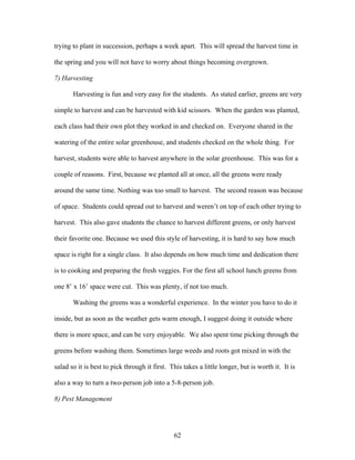 62
trying to plant in succession, perhaps a week apart. This will spread the harvest time in
the spring and you will not have to worry about things becoming overgrown.
7) Harvesting
Harvesting is fun and very easy for the students. As stated earlier, greens are very
simple to harvest and can be harvested with kid scissors. When the garden was planted,
each class had their own plot they worked in and checked on. Everyone shared in the
watering of the entire solar greenhouse, and students checked on the whole thing. For
harvest, students were able to harvest anywhere in the solar greenhouse. This was for a
couple of reasons. First, because we planted all at once, all the greens were ready
around the same time. Nothing was too small to harvest. The second reason was because
of space. Students could spread out to harvest and weren’t on top of each other trying to
harvest. This also gave students the chance to harvest different greens, or only harvest
their favorite one. Because we used this style of harvesting, it is hard to say how much
space is right for a single class. It also depends on how much time and dedication there
is to cooking and preparing the fresh veggies. For the first all school lunch greens from
one 8’ x 16’ space were cut. This was plenty, if not too much.
Washing the greens was a wonderful experience. In the winter you have to do it
inside, but as soon as the weather gets warm enough, I suggest doing it outside where
there is more space, and can be very enjoyable. We also spent time picking through the
greens before washing them. Sometimes large weeds and roots got mixed in with the
salad so it is best to pick through it first. This takes a little longer, but is worth it. It is
also a way to turn a two-person job into a 5-8-person job.
8) Pest Management
 