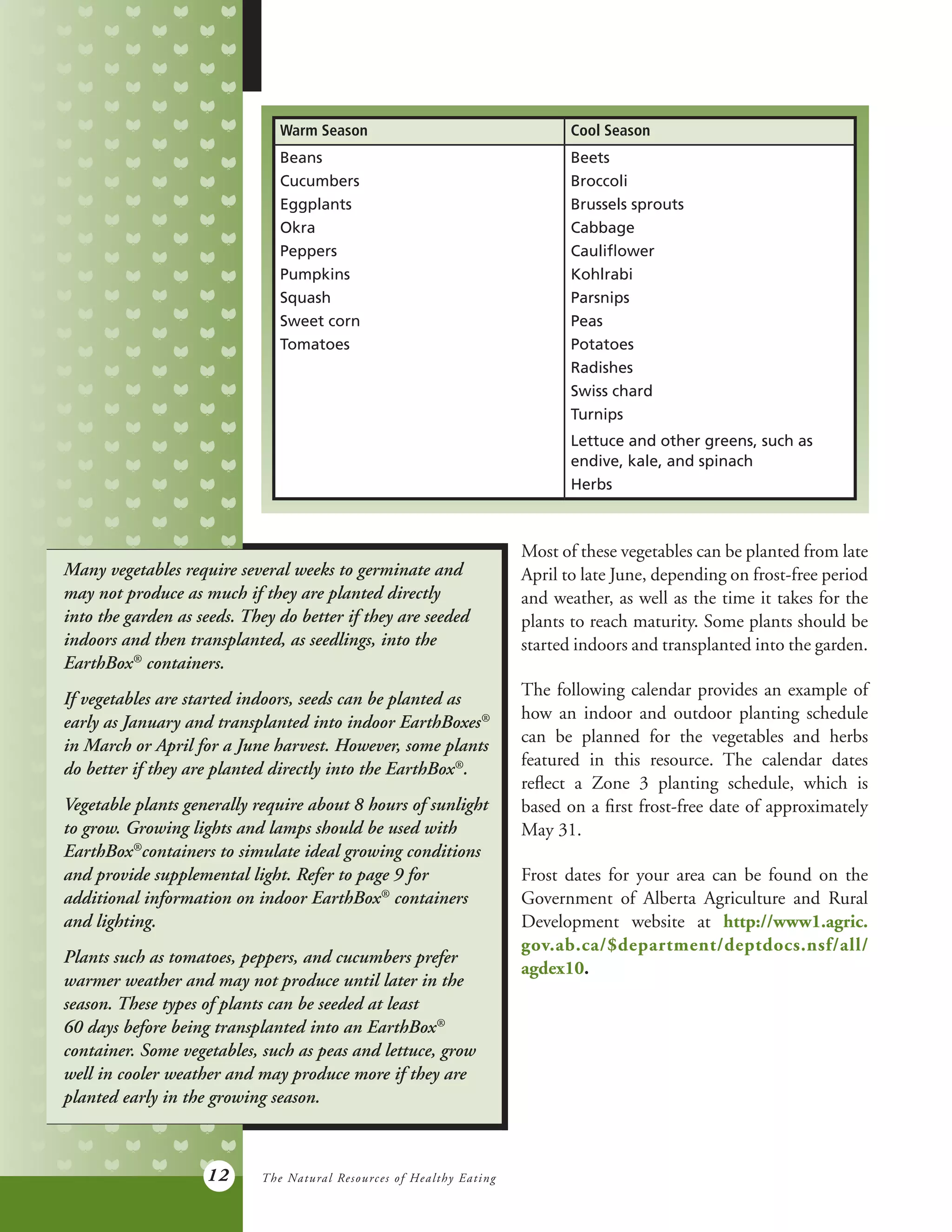 12
Warm Season Cool Season
Beans
Cucumbers
Eggplants
Okra
Peppers
Pumpkins
Squash
Sweet corn
Tomatoes
Beets
Broccoli
Brussels sprouts
Cabbage
Cauliflower
Kohlrabi
Parsnips
Peas
Potatoes
Radishes
Swiss chard
Turnips
Lettuce and other greens, such as
endive, kale, and spinach
Herbs
Most of these vegetables can be planted from late
April to late June, depending on frost-free period
and weather, as well as the time it takes for the
plants to reach maturity. Some plants should be
started indoors and transplanted into the garden.
The following calendar provides an example of
how an indoor and outdoor planting schedule
can be planned for the vegetables and herbs
featured in this resource. The calendar dates
reflect a Zone 3 planting schedule, which is
based on a first frost-free date of approximately
May 31.
Frost dates for your area can be found on the
Government of Alberta Agriculture and Rural
Development website at http://www1.agric.
gov.ab.ca/$department/deptdocs.nsf/all/
agdex10.
Many vegetables require several weeks to germinate and
may not produce as much if they are planted directly
into the garden as seeds. They do better if they are seeded
indoors and then transplanted, as seedlings, into the
EarthBox®
containers.
If vegetables are started indoors, seeds can be planted as
early as January and transplanted into indoor EarthBoxes®
in March or April for a June harvest. However, some plants
do better if they are planted directly into the EarthBox®
.
Vegetable plants generally require about 8 hours of sunlight
to grow. Growing lights and lamps should be used with
EarthBox®
containers to simulate ideal growing conditions
and provide supplemental light. Refer to page 9 for
additional information on indoor EarthBox®
containers
and lighting.
Plants such as tomatoes, peppers, and cucumbers prefer
warmer weather and may not produce until later in the
season. These types of plants can be seeded at least
60 days before being transplanted into an EarthBox®
container. Some vegetables, such as peas and lettuce, grow
well in cooler weather and may produce more if they are
planted early in the growing season.
The Natural Resources of Healthy Eating
 