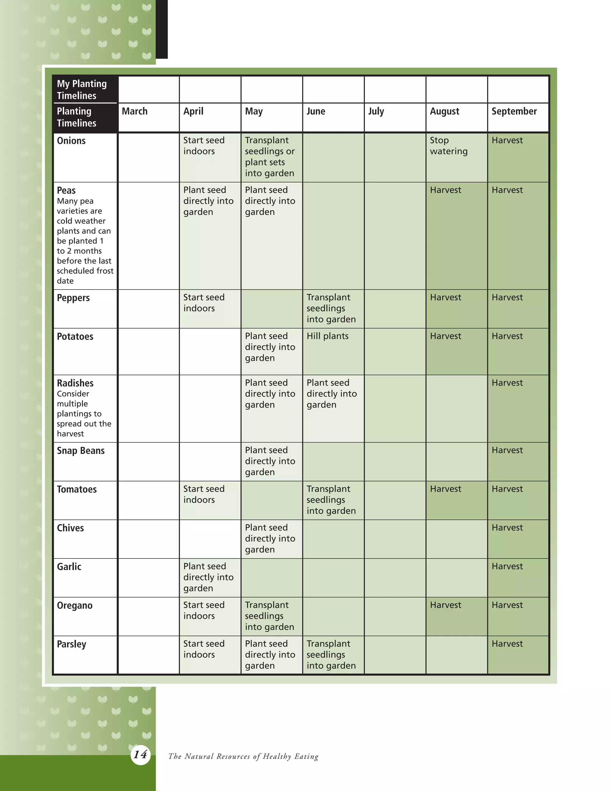 14
My Planting
Timelines
Planting
Timelines
March April May June July August September
Onions Start seed
indoors
Transplant
seedlings or
plant sets
into garden
Stop
watering
Harvest
Peas
Many pea
varieties are
cold weather
plants and can
be planted 1
to 2 months
before the last
scheduled frost
date
Plant seed
directly into
garden
Plant seed
directly into
garden
Harvest Harvest
Peppers Start seed
indoors
Transplant
seedlings
into garden
Harvest Harvest
Potatoes Plant seed
directly into
garden
Hill plants Harvest Harvest
Radishes
Consider
multiple
plantings to
spread out the
harvest
Plant seed
directly into
garden
Plant seed
directly into
garden
Harvest
Snap Beans Plant seed
directly into
garden
Harvest
Tomatoes Start seed
indoors
Transplant
seedlings
into garden
Harvest Harvest
Chives Plant seed
directly into
garden
Harvest
Garlic Plant seed
directly into
garden
Harvest
Oregano Start seed
indoors
Transplant
seedlings
into garden
Harvest Harvest
Parsley Start seed
indoors
Plant seed
directly into
garden
Transplant
seedlings
into garden
Harvest
The Natural Resources of Healthy Eating
 