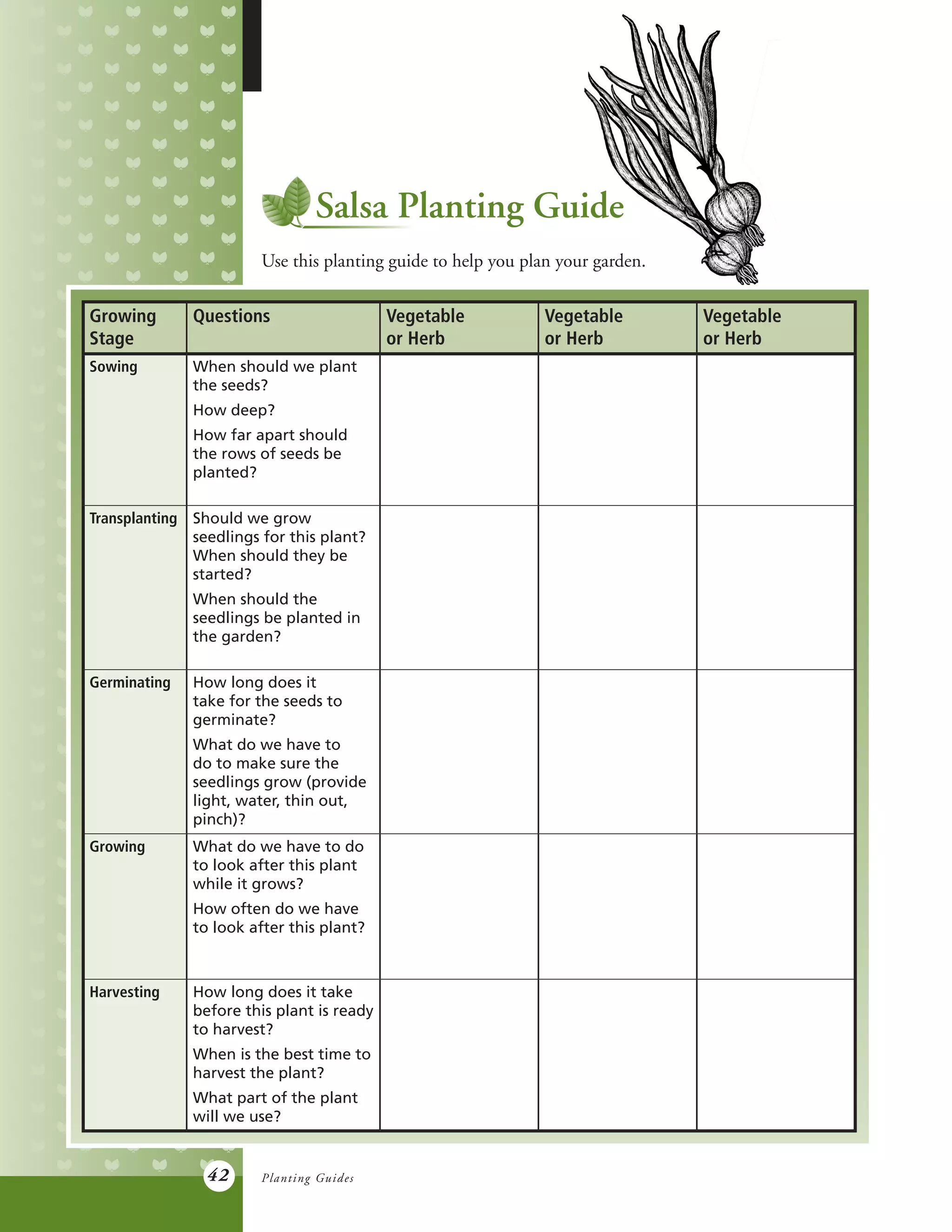 42
Salsa Planting Guide
Use this planting guide to help you plan your garden.
Growing
Stage
Questions Vegetable
or Herb
Vegetable
or Herb
Vegetable
or Herb
Sowing When should we plant
the seeds?
How deep?
How far apart should
the rows of seeds be
planted?
Transplanting Should we grow
seedlings for this plant?
When should they be
started?
When should the
seedlings be planted in
the garden?
Germinating How long does it
take for the seeds to
germinate?
What do we have to
do to make sure the
seedlings grow (provide
light, water, thin out,
pinch)?
Growing What do we have to do
to look after this plant
while it grows?
How often do we have
to look after this plant?
Harvesting How long does it take
before this plant is ready
to harvest?
When is the best time to
harvest the plant?
What part of the plant
will we use?
Planting Guides
 