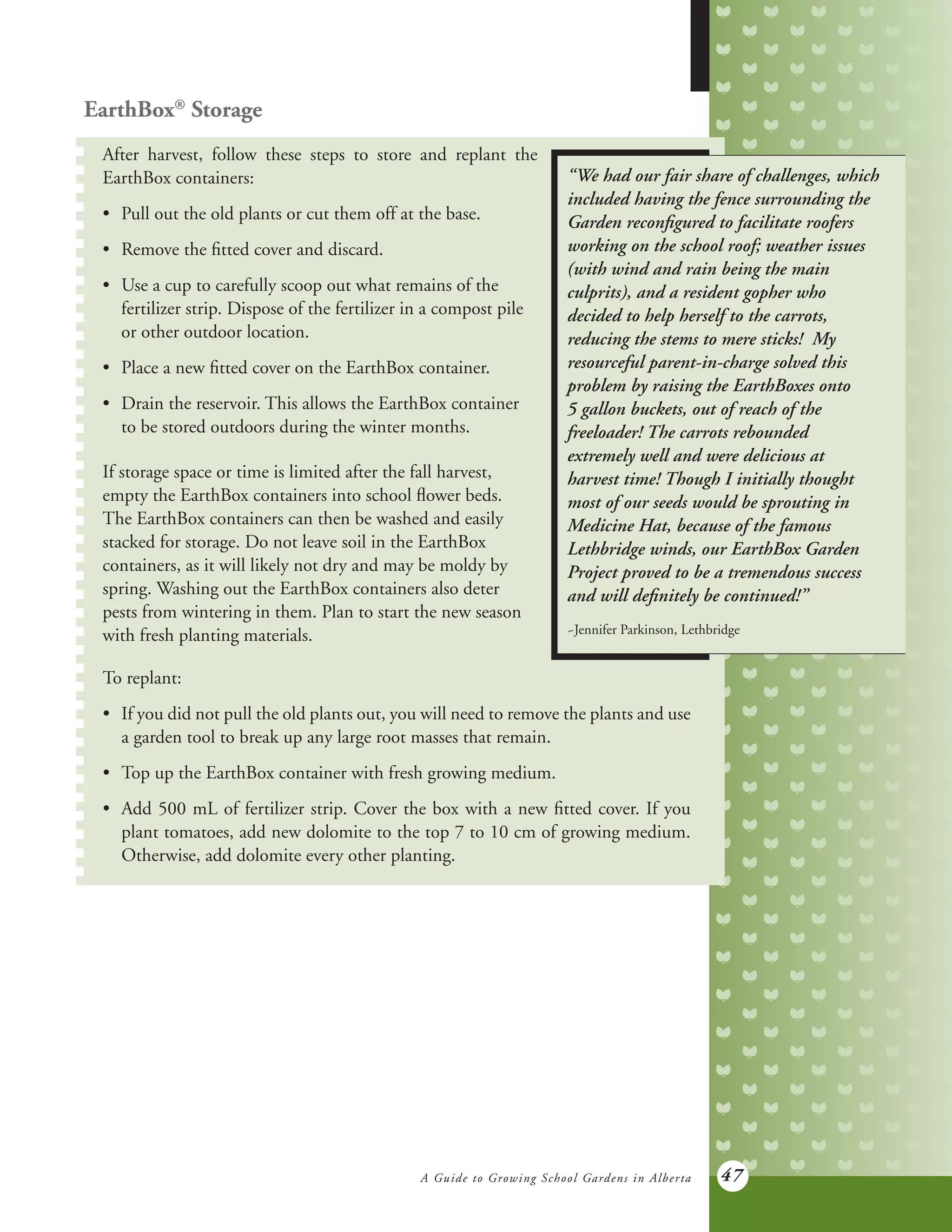 A Guide to Growing School Gardens in Alberta 47
After harvest, follow these steps to store and replant the
EarthBox containers:
•	 Pull out the old plants or cut them off at the base.
•	 Remove the fitted cover and discard.
•	 Use a cup to carefully scoop out what remains of the
	 fertilizer strip. Dispose of the fertilizer in a compost pile
	 or other outdoor location.
•	 Place a new fitted cover on the EarthBox container.
•	 Drain the reservoir. This allows the EarthBox container
	 to be stored outdoors during the winter months.
If storage space or time is limited after the fall harvest,
empty the EarthBox containers into school flower beds.
The EarthBox containers can then be washed and easily
stacked for storage. Do not leave soil in the EarthBox
containers, as it will likely not dry and may be moldy by
spring. Washing out the EarthBox containers also deter
pests from wintering in them. Plan to start the new season
with fresh planting materials.
EarthBox®
Storage
“We had our fair share of challenges, which
included having the fence surrounding the
Garden reconfigured to facilitate roofers
working on the school roof; weather issues
(with wind and rain being the main
culprits), and a resident gopher who
decided to help herself to the carrots,
reducing the stems to mere sticks! My
resourceful parent-in-charge solved this
problem by raising the EarthBoxes onto
5 gallon buckets, out of reach of the
freeloader! The carrots rebounded
extremely well and were delicious at
harvest time! Though I initially thought
most of our seeds would be sprouting in
Medicine Hat, because of the famous
Lethbridge winds, our EarthBox Garden
Project proved to be a tremendous success
and will definitely be continued!”
~Jennifer Parkinson, Lethbridge
To replant:
•	 If you did not pull the old plants out, you will need to remove the plants and use
	 a garden tool to break up any large root masses that remain.
•	 Top up the EarthBox container with fresh growing medium.
•	 Add 500 mL of fertilizer strip. Cover the box with a new fitted cover. If you
	 plant tomatoes, add new dolomite to the top 7 to 10 cm of growing medium.
	 Otherwise, add dolomite every other planting.
 
