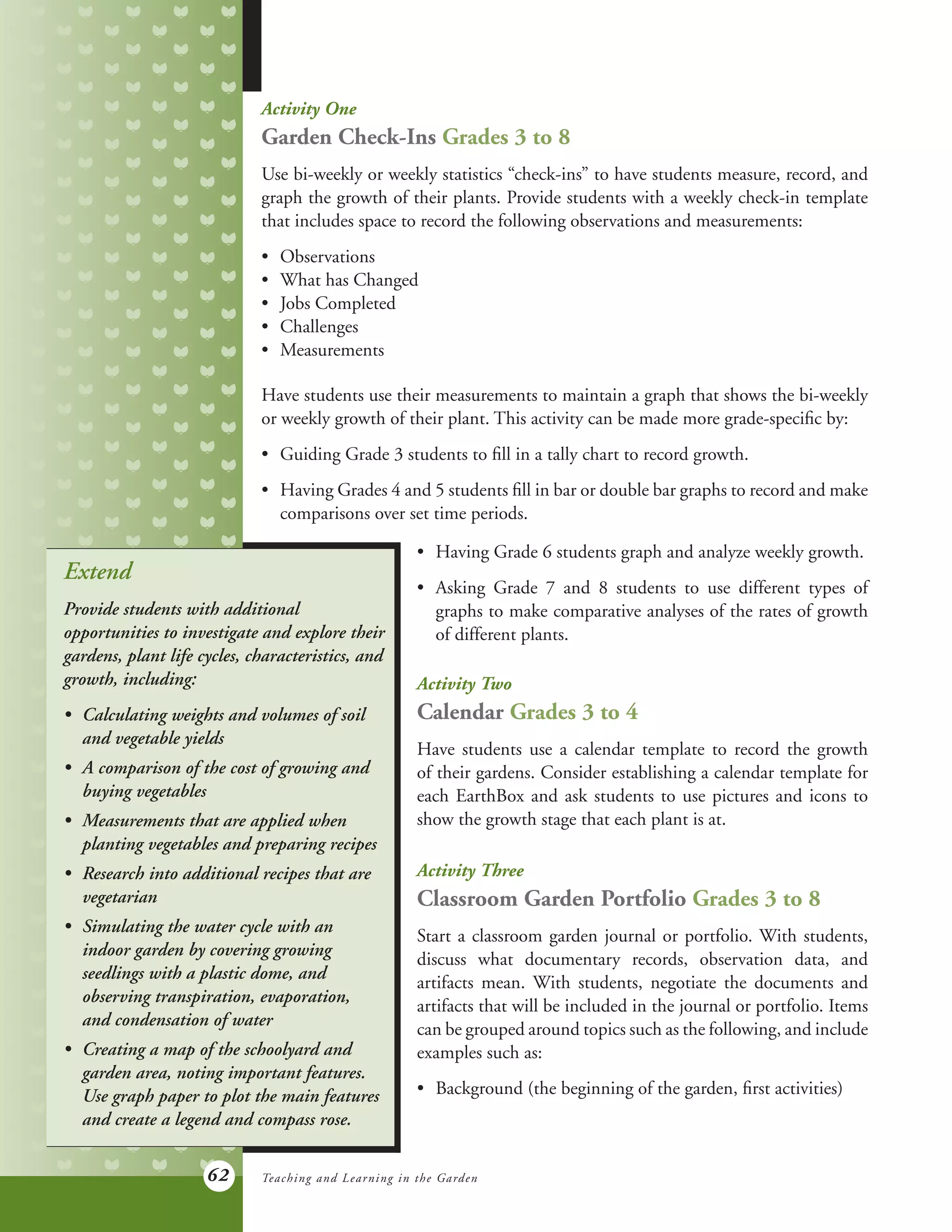62
Activity One
Garden Check-Ins Grades 3 to 8
Use bi-weekly or weekly statistics “check-ins” to have students measure, record, and
graph the growth of their plants. Provide students with a weekly check-in template
that includes space to record the following observations and measurements:
•	 Observations
•	 What has Changed
•	 Jobs Completed
•	 Challenges
•	 Measurements
Have students use their measurements to maintain a graph that shows the bi-weekly
or weekly growth of their plant. This activity can be made more grade-specific by:
•	 Guiding Grade 3 students to fill in a tally chart to record growth.
•	 Having Grades 4 and 5 students fill in bar or double bar graphs to record and make
	 comparisons over set time periods.
Extend
Provide students with additional
opportunities to investigate and explore their
gardens, plant life cycles, characteristics, and
growth, including:
•	 Calculating weights and volumes of soil
	 and vegetable yields
•	 A comparison of the cost of growing and
	 buying vegetables
•	 Measurements that are applied when
	 planting vegetables and preparing recipes
•	 Research into additional recipes that are
	vegetarian
•	 Simulating the water cycle with an
	 indoor garden by covering growing
	 seedlings with a plastic dome, and
	 observing transpiration, evaporation,
	 and condensation of water
•	 Creating a map of the schoolyard and
	 garden area, noting important features.
	 Use graph paper to plot the main features
	 and create a legend and compass rose.
Activity Two
Calendar Grades 3 to 4
Have students use a calendar template to record the growth
of their gardens. Consider establishing a calendar template for
each EarthBox and ask students to use pictures and icons to
show the growth stage that each plant is at.
Activity Three
Classroom Garden Portfolio Grades 3 to 8
Start a classroom garden journal or portfolio. With students,
discuss what documentary records, observation data, and
artifacts mean. With students, negotiate the documents and
artifacts that will be included in the journal or portfolio. Items
can be grouped around topics such as the following, and include
examples such as:
•	 Background (the beginning of the garden, first activities)
•	 Having Grade 6 students graph and analyze weekly growth.
•	 Asking Grade 7 and 8 students to use different types of
	 graphs to make comparative analyses of the rates of growth
	 of different plants.
Teaching and Learning in the Garden
 