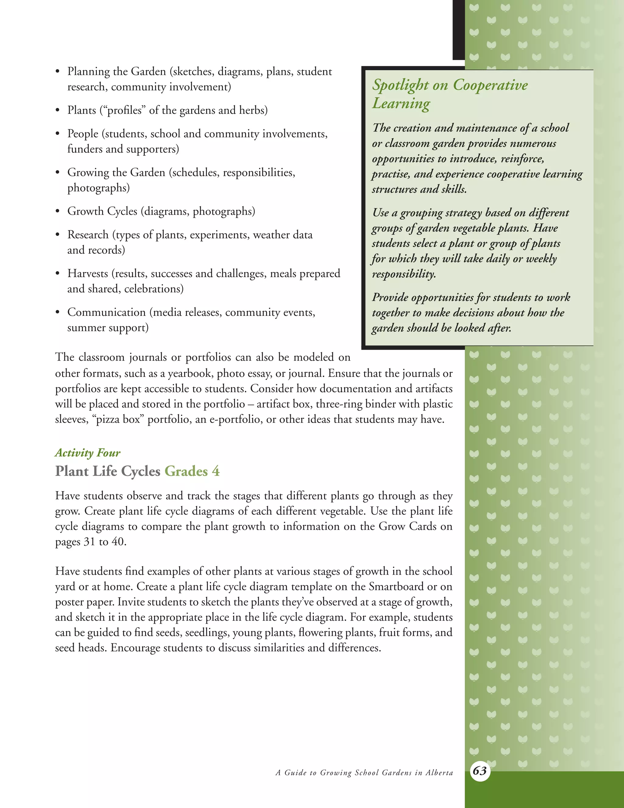 A Guide to Growing School Gardens in Alberta 63
•	 Planning the Garden (sketches, diagrams, plans, student
	 research, community involvement)
•	 Plants (“profiles” of the gardens and herbs)
•	 People (students, school and community involvements,
	 funders and supporters)
•	 Growing the Garden (schedules, responsibilities,
	photographs)
•	 Growth Cycles (diagrams, photographs)
•	 Research (types of plants, experiments, weather data
	 and records)
•	 Harvests (results, successes and challenges, meals prepared
	 and shared, celebrations)
•	 Communication (media releases, community events,
	 summer support)
The classroom journals or portfolios can also be modeled on
Spotlight on Cooperative
Learning
The creation and maintenance of a school
or classroom garden provides numerous
opportunities to introduce, reinforce,
practise, and experience cooperative learning
structures and skills.
Use a grouping strategy based on different
groups of garden vegetable plants. Have
students select a plant or group of plants
for which they will take daily or weekly
responsibility.
Provide opportunities for students to work
together to make decisions about how the
garden should be looked after.
other formats, such as a yearbook, photo essay, or journal. Ensure that the journals or
portfolios are kept accessible to students. Consider how documentation and artifacts
will be placed and stored in the portfolio – artifact box, three-ring binder with plastic
sleeves, “pizza box” portfolio, an e-portfolio, or other ideas that students may have.
Activity Four
Plant Life Cycles Grades 4
Have students observe and track the stages that different plants go through as they
grow. Create plant life cycle diagrams of each different vegetable. Use the plant life
cycle diagrams to compare the plant growth to information on the Grow Cards on
pages 31 to 40.
Have students find examples of other plants at various stages of growth in the school
yard or at home. Create a plant life cycle diagram template on the Smartboard or on
poster paper. Invite students to sketch the plants they’ve observed at a stage of growth,
and sketch it in the appropriate place in the life cycle diagram. For example, students
can be guided to find seeds, seedlings, young plants, flowering plants, fruit forms, and
seed heads. Encourage students to discuss similarities and differences.
 
