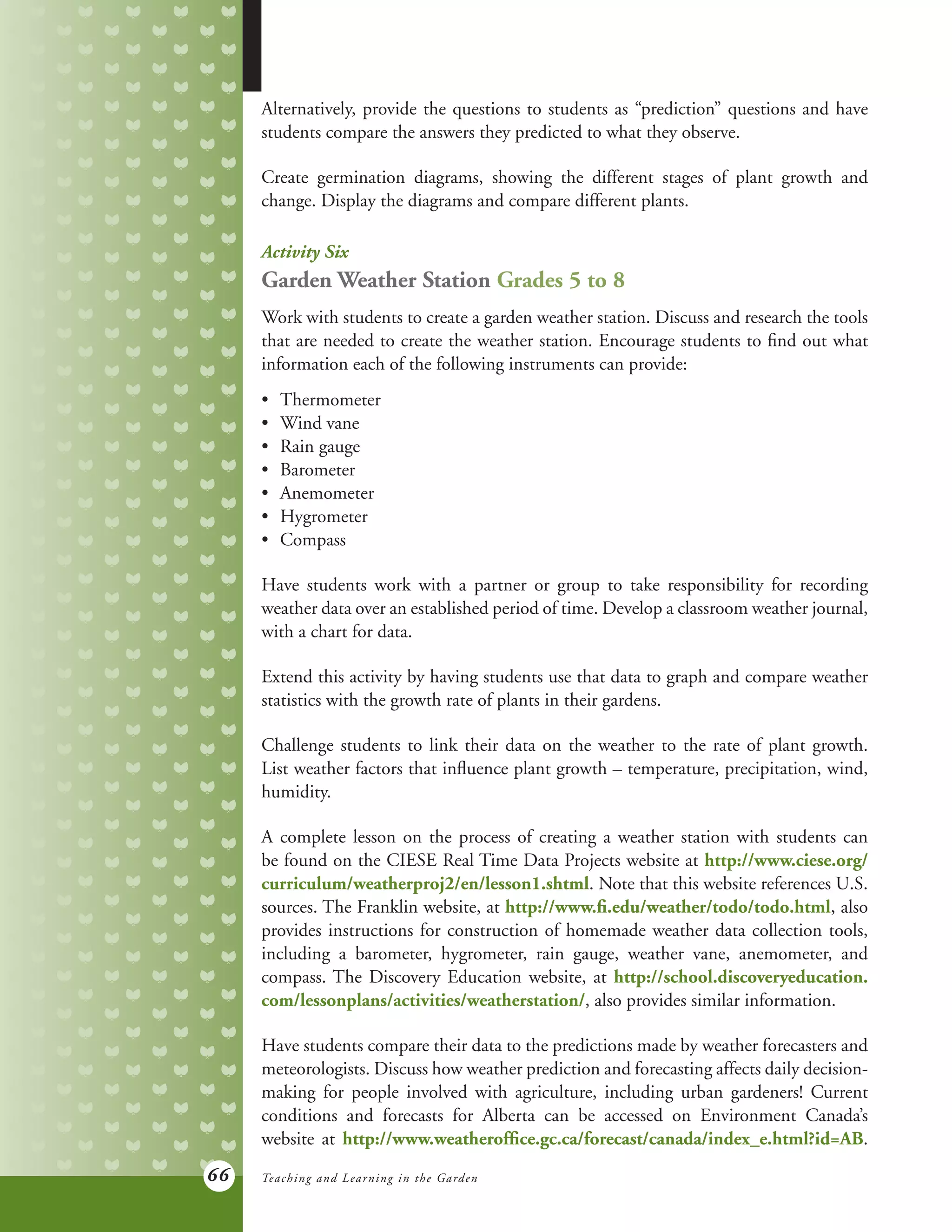 66
Alternatively, provide the questions to students as “prediction” questions and have
students compare the answers they predicted to what they observe.
Create germination diagrams, showing the different stages of plant growth and
change. Display the diagrams and compare different plants.
Activity Six
Garden Weather Station Grades 5 to 8
Work with students to create a garden weather station. Discuss and research the tools
that are needed to create the weather station. Encourage students to find out what
information each of the following instruments can provide:
•	 Thermometer
•	 Wind vane
•	 Rain gauge
•	 Barometer
•	 Anemometer
•	 Hygrometer
•	 Compass
Have students work with a partner or group to take responsibility for recording
weather data over an established period of time. Develop a classroom weather journal,
with a chart for data.
Extend this activity by having students use that data to graph and compare weather
statistics with the growth rate of plants in their gardens.
Challenge students to link their data on the weather to the rate of plant growth.
List weather factors that influence plant growth – temperature, precipitation, wind,
humidity.
A complete lesson on the process of creating a weather station with students can
be found on the CIESE Real Time Data Projects website at http://www.ciese.org/
curriculum/weatherproj2/en/lesson1.shtml. Note that this website references U.S.
sources. The Franklin website, at http://www.fi.edu/weather/todo/todo.html, also
provides instructions for construction of homemade weather data collection tools,
including a barometer, hygrometer, rain gauge, weather vane, anemometer, and
compass. The Discovery Education website, at http://school.discoveryeducation.
com/lessonplans/activities/weatherstation/, also provides similar information.
Have students compare their data to the predictions made by weather forecasters and
meteorologists. Discuss how weather prediction and forecasting affects daily decision-
making for people involved with agriculture, including urban gardeners! Current
conditions and forecasts for Alberta can be accessed on Environment Canada’s
website at http://www.weatheroffice.gc.ca/forecast/canada/index_e.html?id=AB.
Teaching and Learning in the Garden
 