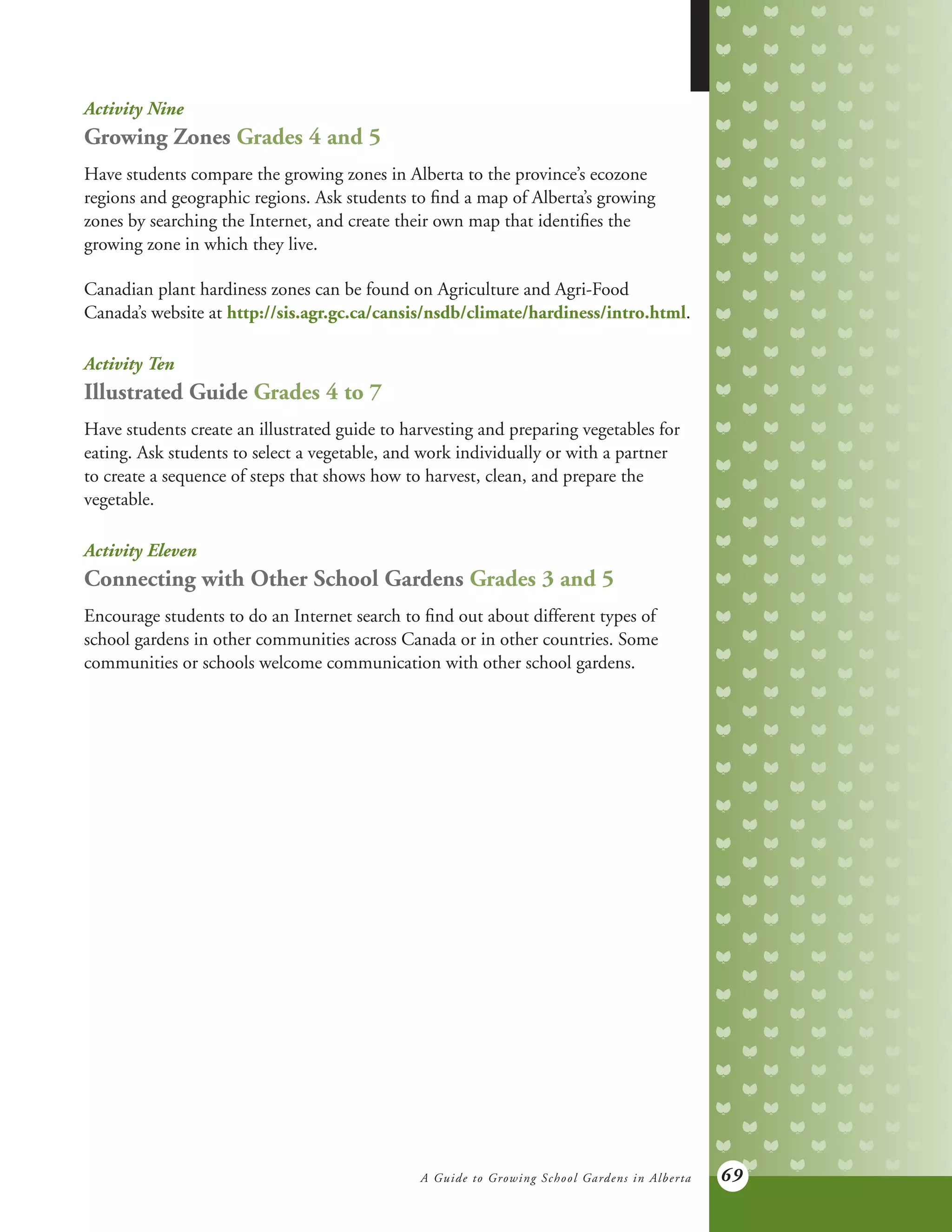 A Guide to Growing School Gardens in Alberta 69
Activity Nine
Growing Zones Grades 4 and 5
Have students compare the growing zones in Alberta to the province’s ecozone
regions and geographic regions. Ask students to find a map of Alberta’s growing
zones by searching the Internet, and create their own map that identifies the
growing zone in which they live.
Canadian plant hardiness zones can be found on Agriculture and Agri-Food
Canada’s website at http://sis.agr.gc.ca/cansis/nsdb/climate/hardiness/intro.html.
Activity Ten
Illustrated Guide Grades 4 to 7
Have students create an illustrated guide to harvesting and preparing vegetables for
eating. Ask students to select a vegetable, and work individually or with a partner
to create a sequence of steps that shows how to harvest, clean, and prepare the
vegetable.
Activity Eleven
Connecting with Other School Gardens Grades 3 and 5
Encourage students to do an Internet search to find out about different types of
school gardens in other communities across Canada or in other countries. Some
communities or schools welcome communication with other school gardens.
 