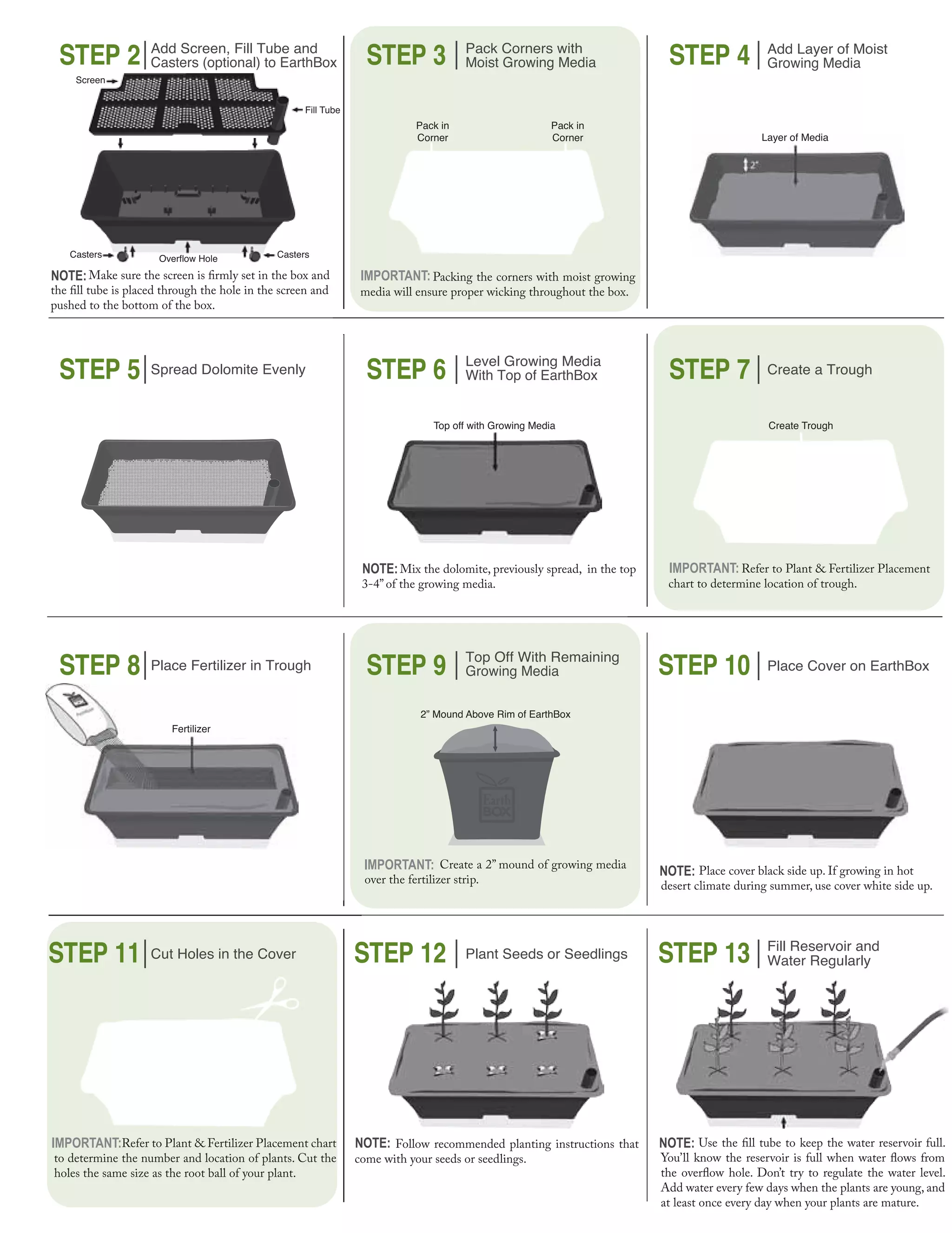 Screen
Fill Tube
CastersOverflow HoleCasters
Pack in
Corner
Pack in
Corner Layer of Media
Create TroughTop off with Growing Media
2” Mound Above Rim of EarthBox
STEP 2 Add Screen, Fill Tube and
Casters (optional) to EarthBox STEP 3 Pack Corners with
Moist Growing Media STEP 4
STEP 6 Level Growing Media
With Top of EarthBox
STEP 9 Top Off With Remaining
Growing Media
Add Layer of Moist
Growing Media
STEP 5 Spread Dolomite Evenly STEP 7 Create a Trough
STEP 8 Place Fertilizer in Trough STEP 10 Place Cover on EarthBox
STEP 11 Cut Holes in the Cover STEP 12 Plant Seeds or Seedlings STEP 13 Fill Reservoir and
Water Regularly
NOTE:
NOTE:
NOTE: NOTE:
IMPORTANT:
IMPORTANT:
IMPORTANT:
IMPORTANT:
pushed to the bottom of the box.
Place cover black side up. If growing in hot
desert climate during summer, use cover white side up.
Add water every few days when the plants are young, and
at least once every day when your plants are mature.
Packing the corners with moist growing
media will ensure proper wicking throughout the box.
Refer to Plant & Fertilizer Placement
chart to determine location of trough.
Create a 2” mound of growing media
over the fertilizer strip.
Refer to Plant & Fertilizer Placement chart
to determine the number and location of plants. Cut the
holes the same size as the root ball of your plant.
Follow recommended planting instructions that
come with your seeds or seedlings.
Fertilizer
Mix the dolomite, previously spread, in the top
3-4” of the growing media.
NOTE:
 
