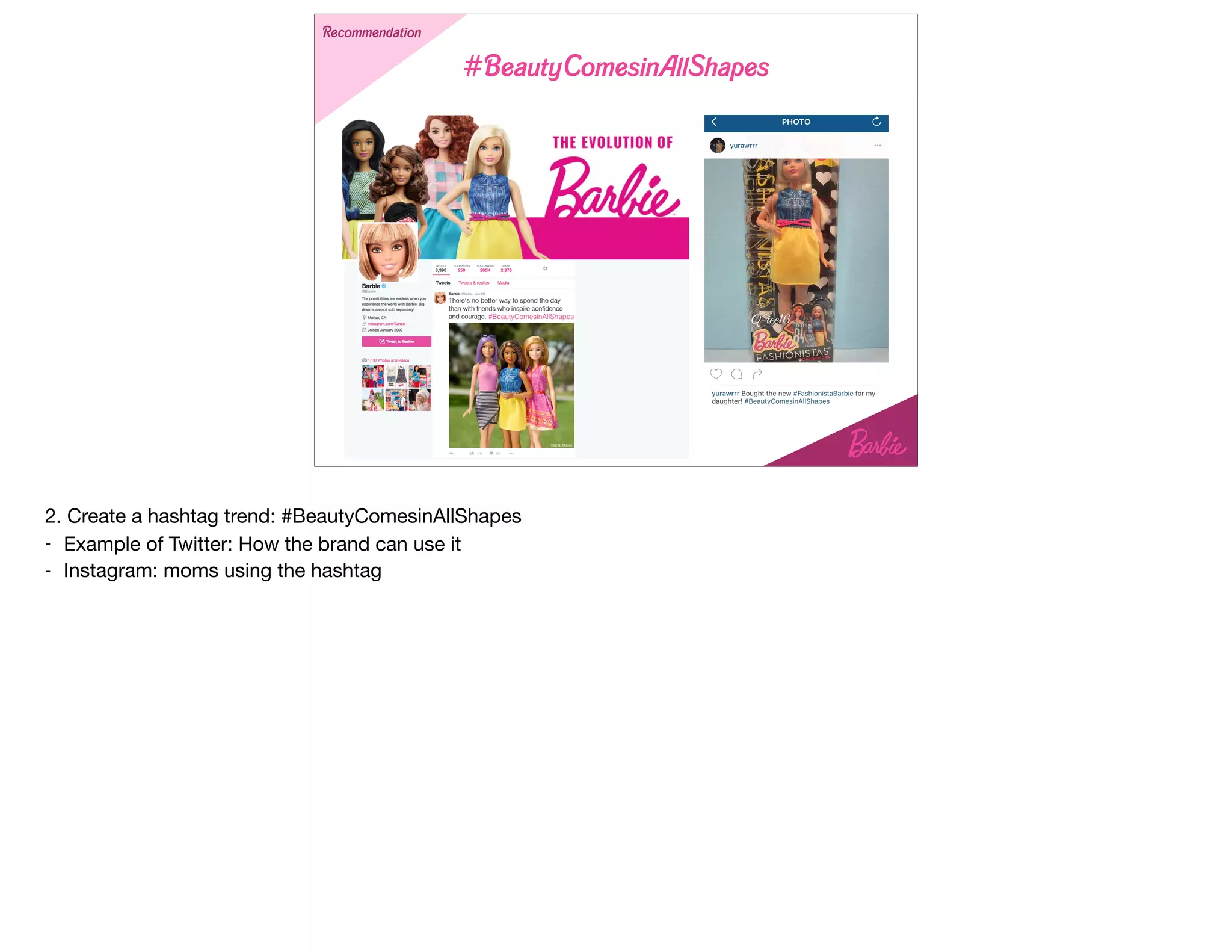 #BeautyComesinAllShapes
#BeautyComesinAllShapes
Recommendation
2. Create a hashtag trend: #BeautyComesinAllShapes

- Example of Twitter: How the brand can use it

- Instagram: moms using the hashtag
 