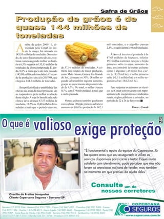 Safra de Grãos

Produção de grãos é de
quase 144 milhões de
toneladas

A

safra de grãos 2009/10, divulgada pela Conab no início de março, foi estimada em
143,95 milhões de toneladas. O resultado, do sexto levantamento do ano, continua como o segundo melhor da história e 6,5% superior às 135,13 milhões de
toneladas da última temporada. É, ainda, 0,6% a mais que a do mês passado
(143,09 milhões de toneladas). O recorde da produção é do ciclo 2007/08, que
chegou a 144,1 milhões de toneladas.
Boa produtividade e estabilidade das
chuvas nas áreas de maior produção são
as responsáveis pela melhor avaliação
desta edição. A soja foi beneficiada pelo
clima e deve alcançar 67,57 milhões de
toneladas, 18,2% ou 10,40 milhões de toneladas a mais que o período anterior,

mil toneladas, e o algodão cresceu
2,1%, o equivalente a 40 mil toneladas.

de 57,16 milhões de toneladas. A colheita nos estados de maior produção,
como Mato Grosso, Goiás e Rio Grande
do Sul, já supera os 50%. O milho segunda safra também registra aumento,
graças ao crescimento da produtividade de 9,7%. No total, o milho cresceu
0,7%, com 379 mil toneladas a mais que
a safra passada.
Outras culturas também ganharam
com o clima. O feijão primeira safra teve
aumento de 10,6% e produção de 142,1

Área – A área total plantada é de
47,65 milhões de hectares, inferior
19,3 mil ha à anterior. A soja e o feijão
primeira safra tiveram aumento de
área, ao contrário de outras culturas
como o algodão (-25,6 mil ha), o arroz (- 113,9 mil ha), o milho primeira
safra (-1,11 milhão ha) e o milho segundo safra (-164,2 mil ha).
Para reajustar os números os técnicos da Conab conversaram com representantes de cooperativas e sindicatos
rurais, órgãos públicos e privados, no
período de 22 a 26 de fevereiro.
Fonte: Conab

Revista Canavieiros - Março de 2010

15

 