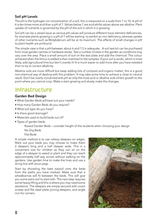 Soil pH Levels
The pH is the hydrogen ion concentration of a soil, this is measured on a scale from 1 to 10. A pH of
6 is ten times more acid than a pH of 7. Values below 7 are acid whilst values above are alkaline. Plant
uptake of nutrients is governed by the pH of the soil in which it is growing.
Soil pH can be a vexed issue as various pH values will produce different trace element deficiencies,
for example plants growing in a pH of 7 will be starting to exhibit an iron deficiency, whereas uptake
of other nutrients such as Molybdenum will be at its maximum. The effects of small changes in pH
to plant health are profound.
The simple view is that a pH between about 6 and 7.5 is adequate. A soil test kit can be purchased
from most garden centres or hardware stores. Test a number of sites in the garden as conditions may
vary over the area. Place a small amount of soil on the test plate and add the chemical. The colour
achieved when the litmus is added is then matched to the samples. If your soil is acidic, which is most
likely, add agricultural lime but don’t overdo it! It is much easier to add more after you have retested
than to try to correct alkalinity.
Alkaline soils are more difficult but keep adding lots of compost and organic matter; this is a good
non-chemical way of dealing with this problem. It may take some time to achieve a close to neutral
result. Don’t be overly concerned with pH as only the most acid or alkaline soils inhibit growth to the
point where you cannot crop. Make a start growing and slowly make the changes.
Infrastructure
Garden Bed Design
• What Garden Beds will best suit your needs?
• How many Garden Beds do you require?
• What soil type do you have?
• Is there good drainage?
• Materials used to build beds out of?
• Types of garden beds:
	 Raised Garden Beds – consider height of the students when choosing your design
	 No Dig Beds
	 Flat Beds
A simple method is to use railway sleepers on edges.
Mark out your beds you may choose to make them
2 sleepers long and a half sleeper wide. This is a
convenient size for children as they can sit on the
edge of a sleeper to weed or plant and they can reach
approximately half way across without walking on the
gardens. Use garden lime to make the lines and use a
string line with stout pegs.
Start by shoveling the best topsoil onto the beds
from the paths you have marked. Make sure that a
wheelbarrow will fit between the beds. This will give
you some extra soil to start with. The next step requires
some heavy lifting and this is where you may need some
assistance. The sleepers are simply secured with coach
screws and flat steel plate joining sleepers, and angle
iron for corners.
8
 