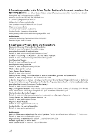 Information provided in the School Garden Section of this manual came from the
following sources: (see School Garden Website Links and Publications section of this manual for more details)
Agriculture and consumer protection FAO
www.fao.org/docrep/009/a0218e/a0218e00.htm
A Gardening Angels How to Manual
Wikipedia, the free encyclodpedia
Stan Kowalski Principal Oberon Public School
Organic schools website
www.organicschools.com.au/Lessons
Garden Guides Harvesting Vegetables
www.gardenguides.com/418-harvesting-vegetables.html
Publications
Yates Garden Guide - Centennial Edition 1895-1995
Readers Digest Back to Basics
School Garden Website Links and Publications
Stephanie Alexander Kitchen Garden Foundation
Details at: www.kitchengardenfoundation.org.au
Australian Sustainable Schools Initiative
Details at: www.environment.gov.au/education/aussi/
Gardens for Learning: The Australian School Gardens Network
Details at: www.australianschoolgardensnetwork.ning.com/
Healthy Active Website
Details at: www.healthyactive.gov.au/
Healthy Fundraising Australia
Details at: www.healthyfundraising.com.au/
The Sow Easy Garden Manual
Yates Garden Guide Website
Details at: www.yates.com.au/
Setting up and running a School Garden - A manual for teachers, parents, and communities.
Details at: www.fao.org/docrep/009/a0218e/a0218e00.htm
A Garden Angels How to Manual - developed by: Common Ground Garden Program University of California
Cooperative Extension Los Angeles County. The Garden Angels can be reached by email-jmrees@ucdavis.edu
Australian City Farms & Community Garden Network
Details at: www.communitygarden.org.au
http://www.gardenate.com/ This website is an excellent resource which enables you to select your climate
zone; it then works out what you can plant and grow at different times of the year.
Kitchen Gardens Curriculum Support
Details at: www.curriculumsupport.education.nsw.gov.au/env_ed/programs/gardens/
School Garden and Tools Equipment Resource List
Details at: www.greenharvest.com.au
Organic Schools Website
Details at: www.organicschools.com.au/
Garden Guides Harvesting Vegetables
Details at: www.gardenguides.com/
Publications
Outdoor Classrooms: A handbook for school gardens, Carolyn Nuttall and Janet Millington, Pt Productions.
Details at: www.outdoorclassrooms.com.au.
Dig in Creating an Edible School Garden. Queensland Health,2003
Readers Digest Back to Basics Book
Yates Garden Guide - Centennial Edition 1895-1995
34
 