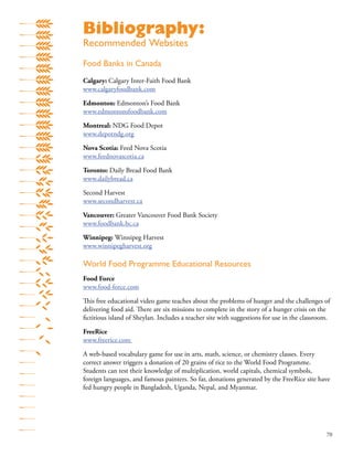 70
Food Banks in Canada
Calgary: Calgary Inter-Faith Food Bank
www.calgaryfoodbank.com
Edmonton: Edmonton’s Food Bank
www.edmontonsfoodbank.com
Montreal: NDG Food Depot
www.depotndg.org
Nova Scotia: Feed Nova Scotia
www.feednovascotia.ca
Toronto: Daily Bread Food Bank
www.dailybread.ca
Second Harvest
www.secondharvest.ca
Vancouver: Greater Vancouver Food Bank Society
www.foodbank.bc.ca
Winnipeg: Winnipeg Harvest
www.winnipegharvest.org
World Food Programme Educational Resources
Food Force
www.food-force.com
This free educational video game teaches about the problems of hunger and the challenges of
delivering food aid. There are six missions to complete in the story of a hunger crisis on the
ﬁctitious island of Sheylan. Includes a teacher site with suggestions for use in the classroom.
FreeRice
www.freerice.com
A web-based vocabulary game for use in arts, math, science, or chemistry classes. Every
correct answer triggers a donation of 20 grains of rice to the World Food Programme.
Students can test their knowledge of multiplication, world capitals, chemical symbols,
foreign languages, and famous painters. So far, donations generated by the FreeRice site have
fed hungry people in Bangladesh, Uganda, Nepal, and Myanmar.
Bibliography:
Recommended Websites
 