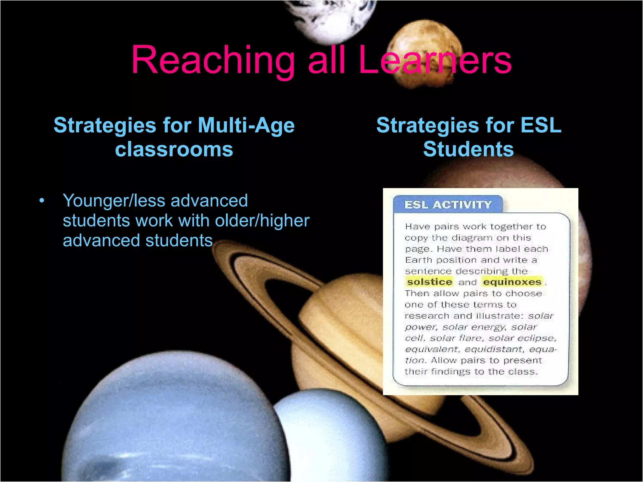 Reaching all Learners Strategies for Multi-Age classrooms Younger/less advanced students work with older/higher advanced students Strategies for ESL Students 
