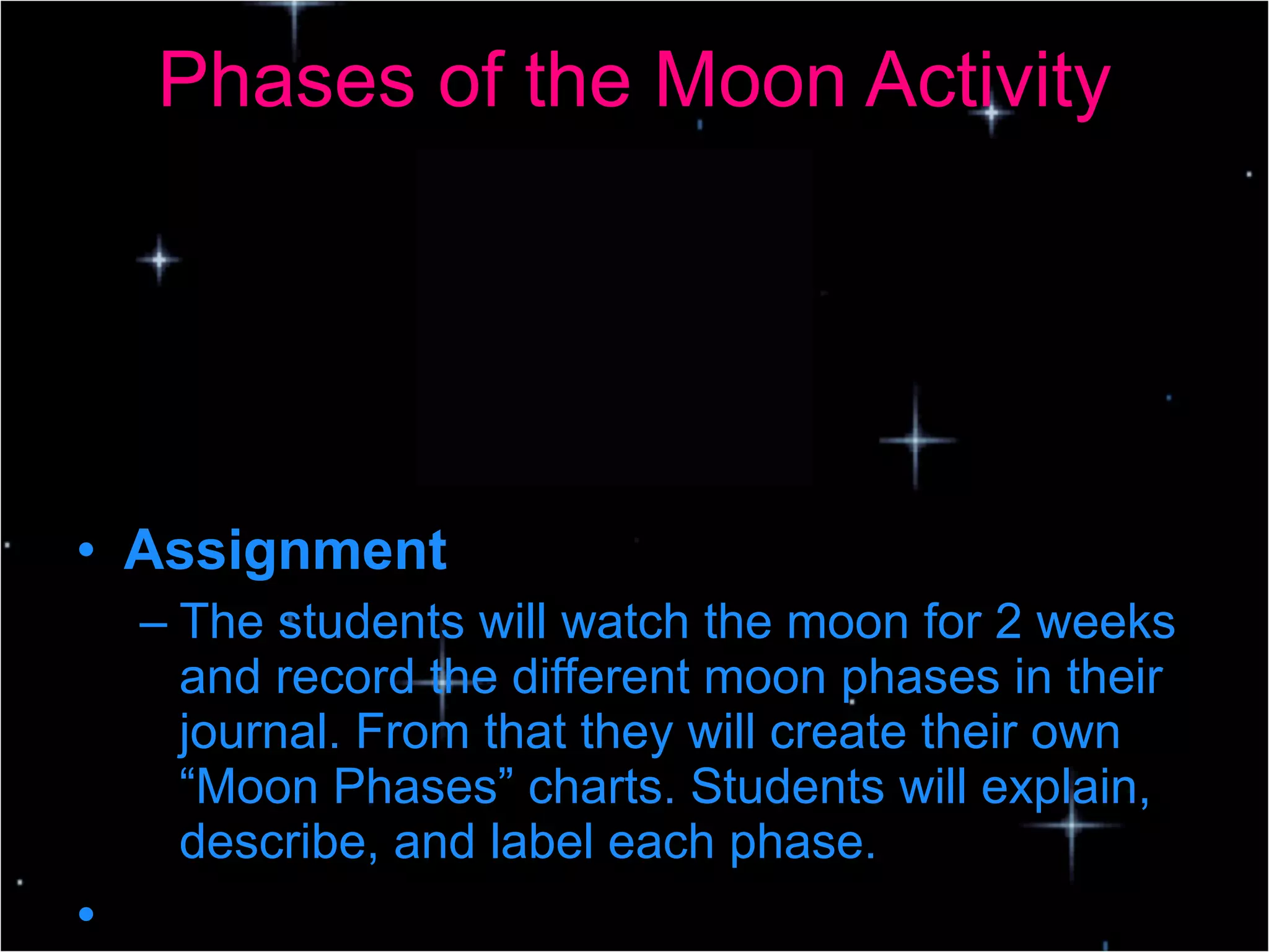 Phases of the Moon Activity Assignment   The students will watch the moon for 2 weeks and record the different moon phases in their journal. From that they will create their own “Moon Phases” charts. Students will explain, describe, and label each phase.    