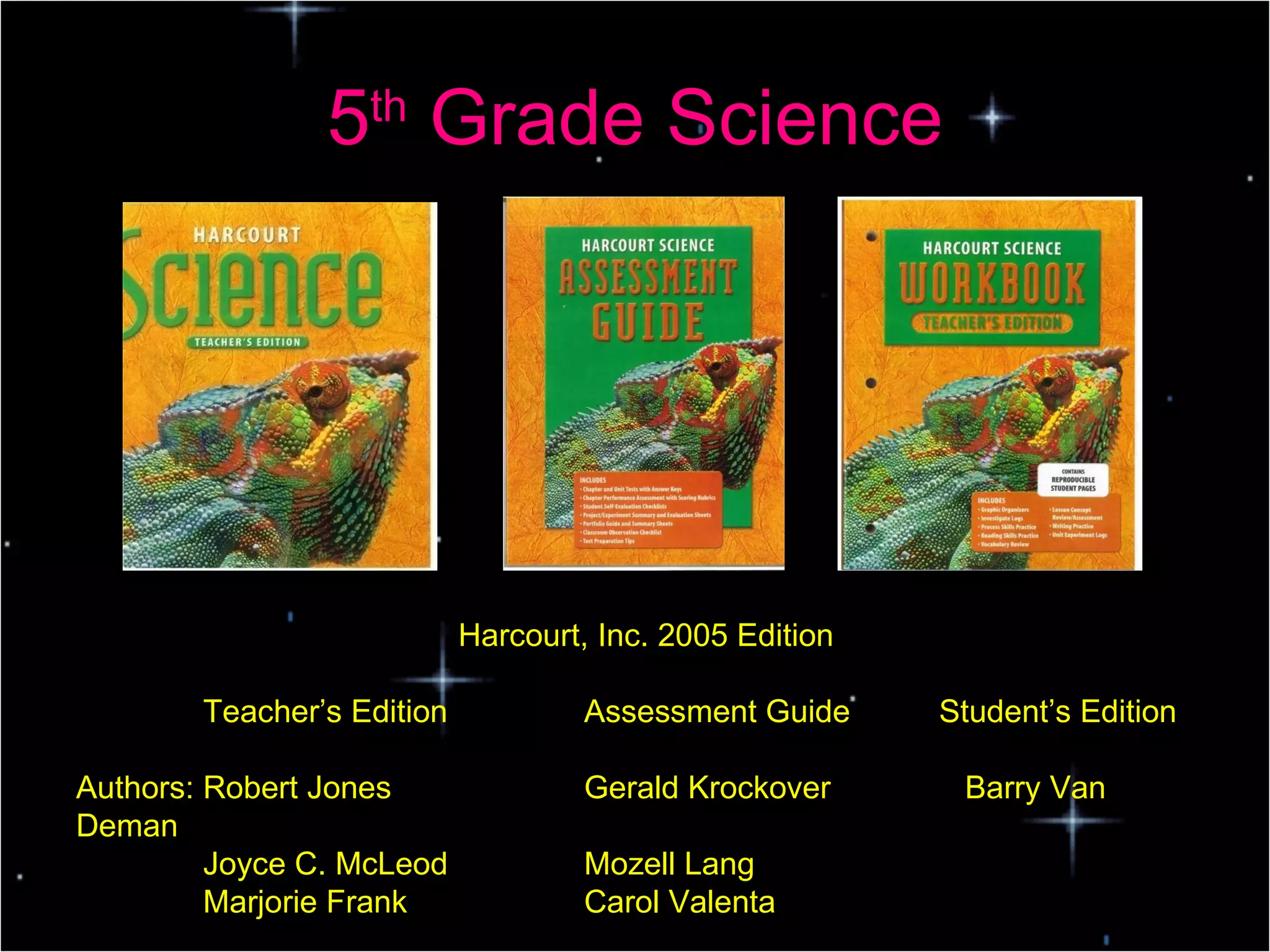 5 th  Grade Science Harcourt, Inc. 2005 Edition Teacher’s Edition Assessment Guide  Student’s Edition Authors: Robert Jones  Gerald Krockover Barry Van Deman Joyce C. McLeod Mozell Lang Marjorie Frank Carol Valenta 