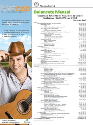 22

Notícias Cocred

Balancete Mensal

Cooperativa de Crédito dos Plantadores de Cana de
Sertãozinho - BALANCETE - Abril/2010

Valores em Reais

Revista Canavieiros - Junho de 2010

 