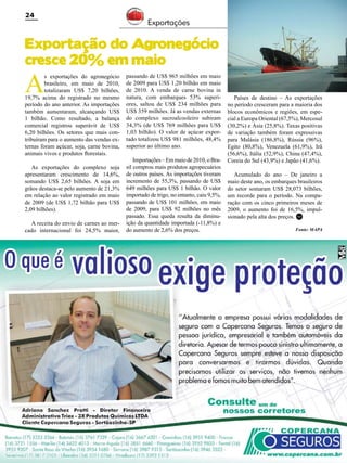24

Exportações

Exportação do Agronegócio
cresce 20% em maio

A

s exportações do agronegócio
brasileiro, em maio de 2010,
totalizaram US$ 7,20 bilhões,
19,7% acima do registrado no mesmo
período do ano anterior. As importações
também aumentaram, alcançando US$
1 bilhão. Como resultado, a balança
comercial registrou superávit de US$
6,20 bilhões. Os setores que mais contribuíram para o aumento das vendas externas foram açúcar, soja, carne bovina,
animais vivos e produtos florestais.
As exportações do complexo soja
apresentaram crescimento de 14,6%,
somando US$ 2,65 bilhões. A soja em
grãos destaca-se pelo aumento de 21,3%
em relação ao valor registrado em maio
de 2009 (de US$ 1,72 bilhão para US$
2,09 bilhões).
A receita do envio de carnes ao mercado internacional foi 24,5% maior,

passando de US$ 965 milhões em maio
de 2009 para US$ 1,20 bilhão em maio
de 2010. A venda de carne bovina in
natura, com embarques 53% superiores, saltou de US$ 234 milhões para
US$ 359 milhões. Já as vendas externas
do complexo sucroalcooleiro subiram
34,3% (de US$ 769 milhões para US$
1,03 bilhão). O valor de açúcar exportado totalizou US$ 981 milhões, 48,4%
superior ao último ano.
Importações – Em maio de 2010, o Brasil comprou mais produtos agropecuários
de outros países. As importações tiveram
incremento de 55,3%, passando de US$
649 milhões para US$ 1 bilhão. O valor
importado de trigo, no entanto, caiu 9,5%,
passando de US$ 101 milhões, em maio
de 2009, para US$ 92 milhões no mês
passado. Essa queda resulta da diminuição da quantidade importada (-11,8%) e
do aumento de 2,6% dos preços.

Revista Canavieiros - Junho de 2010

Países de destino – As exportações
no período cresceram para a maioria dos
blocos econômicos e regiões, em especial a Europa Oriental (67,5%), Mercosul
(30,2%) e Ásia (25,8%). Taxas positivas
de variação também foram expressivas
para Malásia (186,8%), Rússia (96%),
Egito (80,8%), Venezuela (61,9%), Irã
(56,6%), Itália (52,9%), China (47,4%),
Coreia do Sul (43,9%) e Japão (41,6%).
Acumulado do ano – De janeiro a
maio deste ano, os embarques brasileiros
do setor somaram US$ 28,073 bilhões,
um recorde para o período. Na comparação com os cinco primeiros meses de
2009, o aumento foi de 16,5%, impulsionado pela alta dos preços. RC
Fonte: MAPA

 