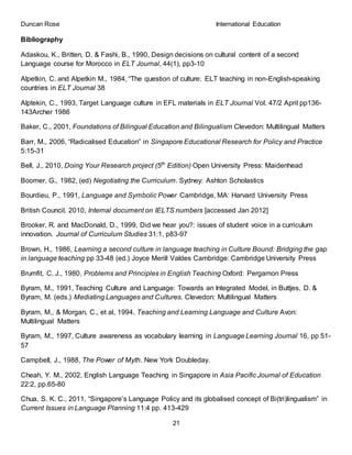 Duncan Rose International Education
21
Bibliography
Adaskou, K., Britten, D. & Fashi, B., 1990, Design decisions on cultural content of a second
Language course for Morocco in ELT Journal, 44(1), pp3-10
Alpetkin, C. and Alpetkin M., 1984, “The question of culture: ELT teaching in non-English-speaking
countries in ELT Journal 38
Alptekin, C., 1993, Target Language culture in EFL materials in ELT Journal Vol. 47/2 April pp136-
143Archer 1986
Baker, C., 2001, Foundations of Bilingual Education and Bilingualism Clevedon: Multilingual Matters
Barr, M., 2006, “Radicalised Education” in Singapore Educational Research for Policy and Practice
5:15-31
Bell, J., 2010, Doing Your Research project (5th
Edition) Open University Press: Maidenhead
Boomer, G., 1982, (ed) Negotiating the Curriculum. Sydney: Ashton Scholastics
Bourdieu, P., 1991, Language and Symbolic Power Cambridge, MA: Harvard University Press
British Council, 2010, Internal document on IELTS numbers [accessed Jan 2012]
Brooker, R. and MacDonald, D., 1999, Did we hear you?: issues of student voice in a curriculum
innovation. Journal of Curriculum Studies 31:1, p83-97
Brown, H., 1986, Learning a second culture in language teaching in Culture Bound: Bridging the gap
in language teaching pp 33-48 (ed.) Joyce Merill Valdes Cambridge: Cambridge University Press
Brumfit, C. J., 1980, Problems and Principles in English Teaching Oxford: Pergamon Press
Byram, M., 1991, Teaching Culture and Language: Towards an Integrated Model, in Buttjes, D. &
Byram, M. (eds.) Mediating Languages and Cultures. Clevedon: Multilingual Matters
Byram, M., & Morgan, C., et al, 1994, Teaching and Learning Language and Culture Avon:
Multilingual Matters
Byram, M., 1997, Culture awareness as vocabulary learning in Language Learning Journal 16, pp 51-
57
Campbell, J., 1988, The Power of Myth. New York Doubleday.
Cheah, Y. M., 2002, English Language Teaching in Singapore in Asia Pacific Journal of Education
22:2, pp.65-80
Chua, S. K. C., 2011, “Singapore’s Language Policy and its globalised concept of Bi(tri)lingualism” in
Current Issues in Language Planning 11:4 pp. 413-429
 