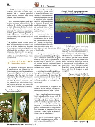 32
A CTC9 teve nota um pouco maior
nas folhas mais velhas o que não é preocupante. A CTC3 também apresentou
alguns sintomas em folhas novas, colocando-se como intermediária.
Para a identificação da doença devemse observar todas as folhas. As lesões são
em forma de pústulas com esporulação
na parte inferior das folhas. As pústulas são salientes e circundadas por cor
amarelada. Os esporos são alaranjados.
Ocorrem pústulas também próximas à
bainha. A Ferrugem Alaranjada não deve
ser confundida com mancha anelar ou
mancha parda.
Os próximos passos a serem tomados é o de treinamento de equipes, vistorias de áreas, mapeamento, definição
de áreas de riscos (clima mais propício),
substituição de variedades, testes com
fungicidas, determinação das perdas
ocasionadas, liberação emergencial de
produtos e acompanhamento da evolução da doença.
2.3 - SINTOMAS E IDENTIFICAÇÃO – Adhair Ricci Junior
Os sintomas da ferrugem alaranjada manifestam-se nas folhas e têm início com pequenas manchas amareladas,
circulares ou elípticas, recobertas com a
película da folha. São mais visíveis na
parte inferior das folhas. Com o desenvolvimento da doença, estas manchas
aumentam de tamanho e rompem a cutícula, expondo uma massa de uredósporos (esporos) produzido pelo fungo, formando lesões denominadas de pústulas,
Figura 2: Sintomas de ferrugem
laranja perto da bainha.

Artigo Técnico
com coloração amarelada
ou alaranjada quando novas
e mais escuras quando mais
velhas. As pústulas apresentam-se salientes em relação
à superfície foliar, podendo
ocorrer a junção de pústulas
e secamento de grande área
das folhas, quando a doença ocorre de forma severa,
principalmente em variedades suscetíveis.
A visualização dos sintomas para identificação da
doença é mais fácil em lesões
ou pústulas mais novas, onde
há a presença de uredósporos. Lesões mais velhas onde
pode haver ocorrido a lavagem de esporos pela chuva, tornam difícil
a identificação.
A ferrugem alaranjada embora ocorra
em toda a superfície foliar, pode expressar-se com maior intensidade na parte
basal da folha, perto da junção com a
bainha (figura 2), fato que não é comum
na ferrugem marrom. Também se apresenta com coloração mais clara em relação à ferrugem marrom.
A identificação desta doença é importante principalmente para 2 finalidades:
1) para constatação da ocorrência da
doença em canaviais; 2) para a classificação do comportamento da variedade
quanto à resistência ou suscetibilidade a
esta doença.

Figura 3: Tabela de notas para avaliação de
clones e exemplo de classificação.

A distinção da ferrugem alaranjada,
causada pelo fungo Puccinia kuehnii,
da ferrugem marrom (Puccinia melanocephala), pode ser feita examinando-se
seus uredósporos sob microscópio, e
observando-se a espessura da parede
dos esporos, que são mais espessas
no caso da ferrugem alaranjada (figura 5). Em caso de persistirem dúvidas,
o mais seguro é a realização de testes
moleculares (PCR – Polimerase Chain
Reaction), para a distinção segura entre os dois tipos de ferrugens da canade-açúcar.
Figura 4: Indicação da folha +3,
que apresenta o 3º “dew-lap” visível.

Para constatação da ocorrência da
doença é preciso observar toda a planta,
considerando-se folhas novas e velhas.
Para a classificação do comportamento de variedades utiliza-se uma escala de
notas de 1 a 9, sendo a nota 1 aplicada a
variedades onde não se observa a doença, e
nota 9 em variedades que apresentam 50%
ou mais de área foliar afetada pela doença
(figura 3). A intensidade de ocorrência de
pústulas nas folhas indica o comportamento de resistência ou suscetibilidade de uma
variedade. Quanto maior a ocorrência,
maior o grau de suscetibilidade.
No caso de classificação do comportamento de variedades somente a folha +3
deve ser considerada (figura 4).

Revista Canavieiros - Agosto de 2010

Continua na página 34

 