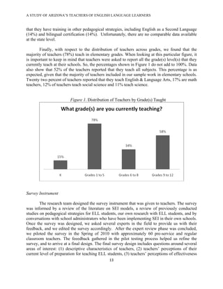 A STUDY OF ARIZONA’S TEACHERS OF ENGLISH LANGUAGE LEARNERS
!

that they have training in other pedagogical strategies, including English as a Second Language
(14%) and bilingual certification (14%). Unfortunately, there are no comparable data available
at the state level.

        Finally, with respect to the distribution of teachers across grades, we found that the
majority of teachers (78%) teach in elementary grades. When looking at this particular figure, it
is important to keep in mind that teachers were asked to report all the grade(s) level(s) that they
currently teach at their schools. So, the percentages shown in Figure 1 do not add to 100%. Data
also show that 52% of the teachers reported that they teach all subjects. This percentage is as
expected, given that the majority of teachers included in our sample work in elementary schools.
Twenty two percent of teachers reported that they teach English & Language Arts, 17% are math
teachers, 12% of teachers teach social science and 11% teach science.


                         Figure 1. Distribution of Teachers by Grade(s) Taught




Survey Instrument

        The research team designed the survey instrument that was given to teachers. The survey
was informed by a review of the literature on SEI models, a review of previously conducted
studies on pedagogical strategies for ELL students, our own research with ELL students, and by
conversations with school administrators who have been implementing SEI in their own schools.
Once the survey was designed, we asked several experts in the field to provide us with their
feedback, and we edited the survey accordingly. After the expert review phase was concluded,
we piloted the survey in the Spring of 2010 with approximately 60 pre-service and regular
classroom teachers. The feeedback gathered in the pilot testing process helped us refine the
survey, and to arrive at a final design. The final survey design includes questions around several
areas of interest: (1) descriptive characteristics of teachers, (2) teachers’ perceptions of their
current level of preparation for teaching ELL students, (3) teachers’ perceptions of effectiveness
                                                *#!

!
 
