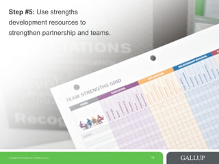 Copyright © 2014 Gallup, Inc. All rights reserved. 13
Step #5: Use strengths
development resources to
strengthen partnership and teams.
 