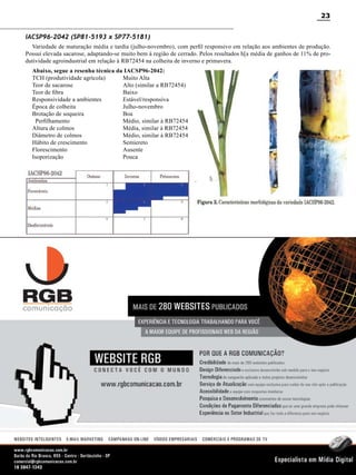 23
IACSP96-2042 (SP81-5193 x SP77-5181)
Variedade de maturação média e tardia (julho-novembro), com perfil responsivo em relação aos ambientes de produção.
Possui elevada sacarose, adaptando-se muito bem à região de cerrado. Pelos resultados h[a média de ganhos de 11% de produtividade agroindustrial em relação à RB72454 na colheita de inverno e primavera.
Abaixo, segue a resenha técnica da IACSP96-2042:
TCH (produtividade agrícola)	
Muito Alta
Teor de sacarose 	
Alto (similar a RB72454)
Teor de fibra	
Baixo
Responsividade a ambientes	
Estável/responsiva
Época de colheita	
Julho-novembro
Brotação de soqueira	
Boa
Perfilhamento	
Médio, similar à RB72454
Altura de colmos 	
Média, similar à RB72454
Diâmetro de colmos	
Médio, similar à RB72454
Hábito de crescimento	
Semiereto
Florescimento	
Ausente
Isoporização	
Pouca

Revista Canavieiros - Setembro de 2010

 