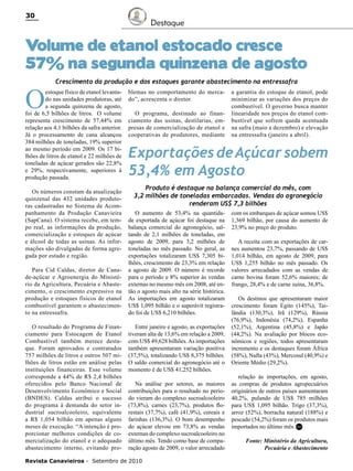 30

Destaque

Volume de etanol estocado cresce
57% na segunda quinzena de agosto

O

Crescimento da produção e dos estoques garante abastecimento na entressafra

estoque físico de etanol levantado nas unidades produtoras, até
a segunda quinzena de agosto,
foi de 6,5 bilhões de litros. O volume
representa crescimento de 57,44% em
relação aos 4,1 bilhões da safra anterior.
Já o processamento de cana alcançou
384 milhões de toneladas, 19% superior
ao mesmo período em 2009. Os 17 bilhões de litros de etanol e 22 milhões de
toneladas de açúcar gerados são 22,8%
e 29%, respectivamente, superiores à
produção passada.
Os números constam da atualização
quinzenal das 432 unidades produtoras cadastradas no Sistema de Acompanhamento da Produção Canavieira
(SapCana). O sistema recebe, em tempo real, as informações da produção,
comercialização e estoques de açúcar
e álcool de todas as usinas. As informações são divulgadas de forma agregada por estado e região.
Para Cid Caldas, diretor de Canade-açúcar e Agroenergia do Ministério da Agricultura, Pecuária e Abastecimento, o crescimento expressivo na
produção e estoques físicos de etanol
combustível garantem o abastecimento na entressafra.
O resultado do Programa de Financiamento para Estocagem de Etanol
Combustível também merece destaque. Foram aprovados e contratados
757 milhões de litros e outros 507 milhões de litros estão em análise pelas
instituições financeiras. Esse volume
corresponde a 44% de R$ 2,4 bilhões
oferecidos pelo Banco Nacional de
Desenvolvimento Econômico e Social
(BNDES). Caldas atribui o sucesso
do programa à demanda do setor industrial sucroalcooleiro, equivalente
a R$ 1,054 bilhão em apenas alguns
meses de execução. “A intenção é proporcionar melhores condições de comercialização do etanol e o adequado
abastecimento interno, evitando pro-

blemas no comportamento do mercado”, acrescenta o diretor.
O programa, destinado ao financiamento das usinas, destilarias, empresas de comercialização de etanol e
cooperativas de produtores, mediante

a garantia do estoque de etanol, pode
minimizar as variações dos preços do
combustível. O governo busca manter
linearidade nos preços do etanol combustível que sofrem queda acentuada
na safra (maio a dezembro) e elevação
na entressafra (janeiro a abril).

Exportações de Açúcar sobem
53,4% em Agosto
Produto é destaque na balança comercial do mês, com
3,2 milhões de toneladas embarcadas. Vendas do agronegócio
renderam US$ 7,3 bilhões
O aumento de 53,4% na quantidade exportada de açúcar foi destaque na
balança comercial do agronegócio, saltando de 2,1 milhões de toneladas, em
agosto de 2009, para 3,2 milhões de
toneladas no mês passado. No geral, as
exportações totalizaram US$ 7,305 bilhões, crescimento de 23,3% em relação
a agosto de 2009. O número é recorde
para o período e 8% superior às vendas
externas no mesmo mês em 2008, até então o agosto mais alto na série histórica.
As importações em agosto totalizaram
US$ 1,095 bilhão e o superávit registrado foi de US$ 6,210 bilhões.
Entre janeiro e agosto, as exportações
tiveram alta de 13,6% em relação a 2009,
com US$ 49,628 bilhões. As importações
também apresentaram variação positiva
(37,5%), totalizando US$ 8,375 bilhões.
O saldo comercial do agronegócio até o
momento é de US$ 41,252 bilhões.
Na análise por setores, as maiores
contribuições para o resultado no período vieram do complexo sucroalcooleiro
(73,8%), carnes (23,7%), produtos florestais (37,7%), café (41,9%), cereais e
farinhas (136,3%). O bom desempenho
do açúcar elevou em 73,8% as vendas
externas do complexo sucroalcooleiro no
último mês. Tendo como base de comparação agosto de 2009, o valor arrecadado

Revista Canavieiros - Setembro de 2010

com os embarques de açúcar somou US$
1,369 bilhão, por causa do aumento de
23,9% no preço do produto.
A receita com as exportações de carnes aumentou 23,7%, passando de US$
1,014 bilhão, em agosto de 2009, para
US$ 1,255 bilhão no mês passado. Os
valores arrecadados com as vendas de
carne bovina foram 52,6% maiores; de
frango, 28,4% e de carne suína, 36,8%.
Os destinos que apresentaram maior
crescimento foram Egito (145%), Tailândia (130,3%), Irã (129%), Rússia
(76,9%), Indonésia (74,2%), Espanha
(52,1%), Argentina (45,8%) e Japão
(44,2%). Na avaliação por blocos econômicos e regiões, todos apresentaram
incremento e os destaques foram África
(58%), Nafta (43%), Mercosul (40,9%) e
Oriente Médio (29,2%).
relação às importações, em agosto,
as compras de produtos agropecuários
originários de outros países aumentaram
40,2%, pulando de US$ 785 milhões
para US$ 1,095 bilhão. Trigo (37,3%),
arroz (52%), borracha natural (188%) e
pescado (54,2%) foram os produtos mais
importados no último mês. RC
Fonte: Ministério da Agricultura,
Pecuária e Abastecimento

 