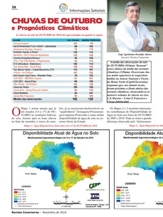 26

Informações Setoriais

CHUV
AS DE Outubro
e Prognósticos Climáticos

As chuvas do mês de OUTUBRO de 2010 são apresentadas no quadro a seguir.

Engº Agrônomo Oswaldo Alonso
Assessor Técnico Canaoeste

O

A média das observações do mês
de OUTUBRO (102mm) “ficaram”
pouco abaixo da média das normais
climáticas (120mm). Ocorreram chuvas muito superiores às respectivas
médias na Açúcar Guarani e Fazenda Monte Verde (Cajobi/Severínia);
enquanto que, nos demais locais,
foram próximas a (bem) abaixo das
normais climáticas, destacando-se os
menores volumes de chuvas no eixo
C.E.Moreno - Usina S Francisco e
Unesp-Jaboticabal

Mapa 1 acima mostra que já
em meados (14 a 17) de OUTUBRO as condições hídricas
do solo, mesmo após as boas chuvas
no final de setembro e início de outu-

bro, já se mostravam desfavoráveis no
“quadrilátero” Araraquara-Pirassununga-Campinas-Piracicaba e como média
disponibilidade de água do solo no extremo Oeste do Estado.

Mapa 1:- Água Disponível no Solo entre 14 a 17 de OUTUBRO de 2010.

Revista Canavieiros - Novembro de 2010

Os Mapas 2 e 3 mostram interessantes semelhanças de Disponibilidade de
Água no Solo aos finais de OUTUBRO
de 2009 e 2010. Pode-se notar a grande
diferença observada pelo “deslocamen-

Mapa 2:- Água Disponível no Sol

 