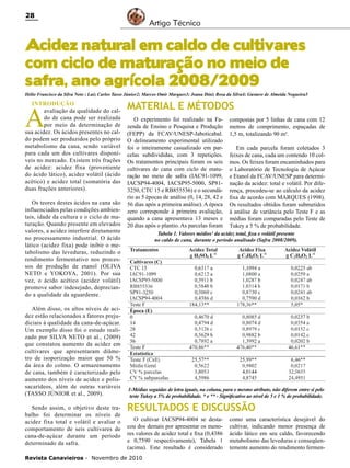 28

Artigo Técnico

Acidez natural em caldo de cultivares
com ciclo de maturação no meio de
safra, ano agrícola 2008/2009

Hélio Francisco da Silva Neto ; Luiz Carlos Tasso Júnior2; Marcos Omir Marques3; Joana Diniz Rosa da Silva4; Gustavo de Almeida Nogueira5

A

INTRODUÇÃO
avaliação da qualidade do caldo de cana pode ser realizada
por meio da determinação de
sua acidez. Os ácidos presentes no caldo podem ser produzidos pelo próprio
metabolismo da cana, sendo variável
para cada um dos cultivares disponíveis no mercado. Existem três frações
de acidez: acidez fixa (proveniente
do ácido lático), acidez volátil (ácido
acético) e acidez total (somatória das
duas frações anteriores).
Os teores destes ácidos na cana são
influenciados pelas condições ambientais, idade da cultura e o ciclo de maturação. Quando presente em elevados
valores, a acidez interfere diretamente
no processamento industrial. O ácido
lático (acidez fixa) pode inibir o metabolismo das leveduras, reduzindo o
rendimento fermentativo nos processos de produção de etanol (OLIVA
NETO e YOKOYA, 2001). Por sua
vez, o ácido acético (acidez volátil)
promove sabor indesejado, depreciando a qualidade da aguardente.
Além disso, os altos níveis de acidez estão relacionados a fatores prejudiciais à qualidade da cana-de-açúcar.
Um exemplo disso foi o estudo realizado por SILVA NETO et al., (2009)
que constatou aumento da acidez em
cultivares que apresentaram diâmetro de isoporização maior que 50 %
da área do colmo. O armazenamento
de cana, também é caracterizado pelo
aumento dos níveis de acidez e polissacarídeos, além de outras variáveis
(TASSO JÚNIOR et al., 2009).
Sendo assim, o objetivo deste trabalho foi determinar os níveis de
acidez fixa total e volátil e avaliar o
comportamento de seis cultivares de
cana-de-açúcar durante um período
determinado da safra.

MATERIAL E MÉTODOS
O experimento foi realizado na Fazenda de Ensino e Pesquisa e Produção
(FEPP) da FCAV/UNESP-Jaboticabal.
O delineamento experimental utilizado
foi o inteiramente casualizado em parcelas subdivididas, com 3 repetições.
Os tratamentos principais foram os seis
cultivares de cana com ciclo de maturação no meio de safra (IAC91-1099,
IACSP94-4004, IACSP95-5000, SP813250, CTC 15 e RB855536) e o secundário as 5 épocas de análise (0, 14, 28, 42 e
56 dias após a primeira análise). A época
zero corresponde à primeira avaliação,
quando a cana apresentava 13 meses e
20 dias após o plantio. As parcelas foram

compostas por 5 linhas de cana com 12
metros de comprimento, espaçadas de
1,5 m, totalizando 90 m².
Em cada parcela foram coletados 3
feixes de cana, cada um contendo 10 colmos. Os feixes foram encaminhados para
o Laboratório de Tecnologia de Açúcar
e Etanol da FCAV/UNESP para determinação da acidez: total e volátil. Por diferença, procedeu-se ao cálculo da acidez
fixa de acordo com MARQUES (1998).
Os resultados obtidos foram submetidos
à análise de variância pelo Teste F e as
médias foram comparadas pelo Teste de
Tukey a 5 % de probabilidade.

Tabela 1. Valores médios¹ da acidez total, fixa e volátil presente
no caldo de cana, durante o período analisado (Safra 2008/2009).

1-Médias seguidas de letra iguais, na coluna, para o mesmo atributo, não diferem entre si pelo
teste Tukey a 5% de probabilidade. * e ** - Significativo ao nível de 5 e 1 % de probabilidade.

RESULTADOS E DISCUSSÃO
O cultivar IACSP94-4004 se destacou dos demais por apresentar os menores valores de acidez total e fixa (0,4386
e 0,7590 respectivamente), Tabela 1
(acima). Este resultado é considerado

Revista Canavieiros - Novembro de 2010

como uma característica desejável do
cultivar, indicando menor presença de
ácido lático em seu caldo, favorecendo
metabolismo das leveduras e conseqüentemente aumento do rendimento fermen-

 