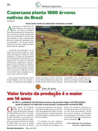 12

Notícias Copercana

Copercana planta 1800 árvores
nativas do Brasil
Carla Rossini

A

Várias áreas verdes de Jaboticabal receberam as mudas

Copercana e o Ministério Público firmaram em agosto de
2010, um Termo de Compromisso de Ajustamento de Conduta, para
que, em troca do corte de uma paineira
que estava localizada no terreno onde
será instalado o futuro supermercado
da rede na cidade de Jaboticabal, fossem plantadas 1.747 árvores nativas
brasileiras em áreas verdes da cidade,
desprovidas de vegetação.
A paineira foi autorizada a ser retirada do local pelo Comdema – Conselho Municipal de Defesa do Meio
Ambiente. O Projeto de Revegetação
das Áreas Verdes foi aprovado pelo secretário Fábio Trevisoli, da Secretaria
Municipal de Agricultura, Abastecimento e Meio Ambiente de Jaboticabal. A cooperativa tinha até o final de
março de 2011 para cumprir o acordo,
mas em fevereiro, 1800 árvores nativas do Brasil foram plantadas em diversas áreas verdes da cidade.
Para o diretor da Copercana, Pedro
Esrael Bighetti, além de cumprir o
acordo, a cooperativa está ajudando a

cidade a criar áreas verdes. “Nas áreas
em que foram plantadas as mudas, não
haviam árvores. Dessa forma, estamos

contribuindo com a preservação ambiental e a criação de praças arborizadas em Jaboticabal”, disse Bighetti.RC

Safra de grãos

Valor bruto da produção é o maior
em 14 anos

Em 2011, o rendimento das 20 maiores lavouras do país deve chegar a R$ 189,6 bilhões,
quase 6% superior ao registrado no ano passado, ultrapassando recorde de 2008

O

Valor Bruto da Produção
(VBP) das 20 principais lavouras do Brasil deve alcançar
R$ 189,6 bilhões em 2011. O resultado apurado, com base na estimativa
da safra 2010/2011 e nos preços praticados até fevereiro deste ano, representa crescimento de 5,8% em relação
ao VBP obtido em 2010. O estudo
elaborado pela Assessoria de Gestão

Estratégica do Ministério da Agricultura mostra também que esse é o maior
valor da produção dos últimos 14 anos
e deve ultrapassar o recorde registrado
em 2008, quando o número fechou em
R$ 181,8 bilhões.
“A projeção de que tenhamos
a maior safra de grãos da história,
com 154 milhões de toneladas e os

Revista Canavieiros - Março de 2011

preços dos produtos agrícolas em
ascensão provocam um efeito direto
no valor bruto da produção”, afirma
José Garcia Gasques, coordenador
de Planejamento Estratégico do Ministério da Agricultura e responsável
pelo levantamento. RC
Fonte: Ministério da Agricultura,
Pecuária e Abastecimento

 