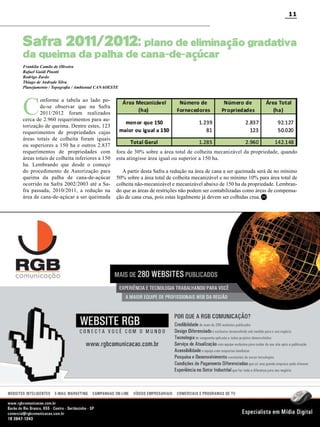 11

Safra 2011/2012: plano de eliminação gradativa
da queima da palha de cana-de-açúcar

Franklin Camilo de Oliveira
Rafael Guidi Pinotti
Rodrigo Zardo
Thiago de Andrade Silva
Planejamento / Topografia / Ambiental CANAOESTE

C

onforme a tabela ao lado pode-se observar que na Safra
2011/2012 foram realizados
cerca de 2.960 requerimentos para autorização de queima. Dentre estes, 123
requerimentos de propriedades cujas
áreas totais de colheita foram iguais
ou superiores a 150 ha e outros 2.837
requerimentos de propriedades com
áreas totais de colheita inferiores a 150
ha. Lembrando que desde o começo
do procedimento de Autorização para
queima da palha de cana-de-açúcar
ocorrido na Safra 2002/2003 até a Safra passada, 2010/2011, a redução na
área de cana-de-açúcar a ser queimada

fora de 30% sobre a área total de colheita mecanizável da propriedade, quando
esta atingisse área igual ou superior a 150 ha.
A partir desta Safra a redução na área de cana a ser queimada será de no mínimo
50% sobre a área total de colheita mecanizável e no mínimo 10% para área total de
colheita não-mecanizável e mecanizável abaixo de 150 ha da propriedade. Lembrando que as áreas de restrições não podem ser contabilizadas como áreas de compensação de cana crua, pois estas legalmente já devem ser colhidas crua. RC

Revista Canavieiros - Abril 2011

 