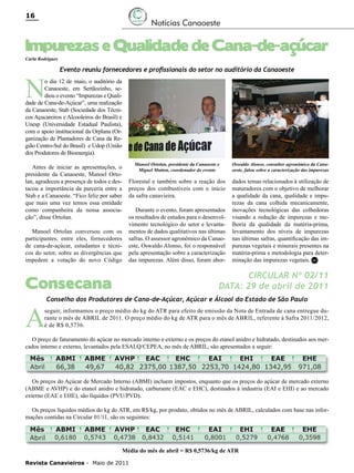 16

Notícias Canaoeste

Impurezas e Qualidade de Cana-de-açúcar
Carla Rodrigues

N

Evento reuniu fornecedores e profissionais do setor no auditório da Canaoeste

o dia 12 de maio, o auditório da
Canaoeste, em Sertãozinho, sediou o evento “Impurezas e Qualidade de Cana-de-Açúcar”, uma realização
da Canaoeste, Stab (Sociedade dos Técnicos Açucareiros e Alcooleiros do Brasil) e
Unesp (Universidade Estadual Paulista),
com o apoio institucional da Orplana (Organização de Plantadores de Cana da Região Centro-Sul do Brasil) e Udop (União
dos Produtores de Bioenergia).
Antes de iniciar as apresentações, o
presidente da Canaoeste, Manoel Ortolan, agradeceu a presença de todos e destacou a importância da parceria entre a
Stab e a Canaoeste. “Fico feliz por saber
que mais uma vez temos essa entidade
como companheira da nossa associação”, disse Ortolan.
Manoel Ortolan conversou com os
participantes, entre eles, fornecedores
de cana-de-açúcar, estudantes e técnicos do setor, sobre as divergências que
impedem a votação do novo Código

Manoel Ortolan, presidente da Canaoeste e
Miguel Mutton, coordenador do evento

Oswaldo Alonso, consultor agronômico da Canaoeste, falou sobre a caracterização das impurezas

Florestal e também sobre a reação dos
preços dos combustíveis com o início
da safra canavieira.

dados temas relacionados à utilização de
maturadores com o objetivo de melhorar
a qualidade da cana, qualidade e impurezas da cana colhida mecanicamente,
inovações tecnológicas das colhedoras
visando a redução de impurezas e melhoria da qualidade da matéria-prima,
levantamento dos níveis de impurezas
nas últimas safras, quantificação das impurezas vegetais e minerais presentes na
matéria-prima e metodologia para determinação das impurezas vegetais. RC

Durante o evento, foram apresentados
os resultados de estudos para o desenvolvimento tecnológico do setor e levantamentos de dados qualitativos nas últimas
safras. O assessor agronômico da Canaoeste, Oswaldo Alonso, foi o responsável
pela apresentação sobre a caracterização
das impurezas. Além disso, foram abor-

CIRCULAR Nº 02/11
DATA: 29 de abril de 2011

Consecana

A

Conselho dos Produtores de Cana-de-Açúcar, Açúcar e Álcool do Estado de São Paulo

seguir, informamos o preço médio do kg do ATR para efeito de emissão da Nota de Entrada de cana entregue durante o mês de ABRIL de 2011. O preço médio do kg de ATR para o mês de ABRIL, referente à Safra 2011/2012,
é de R$ 0,5736.

O preço de faturamento do açúcar no mercado interno e externo e os preços do etanol anidro e hidratado, destinados aos mercados interno e externo, levantados pela ESALQ/CEPEA, no mês de ABRIL, são apresentados a seguir:

Os preços do Açúcar de Mercado Interno (ABMI) incluem impostos, enquanto que os preços do açúcar de mercado externo
(ABME e AVHP) e do etanol anidro e hidratado, carburante (EAC e EHC), destinados à industria (EAI e EHI) e ao mercado
externo (EAE e EHE), são líquidos (PVU/PVD).
Os preços líquidos médios do kg do ATR, em R$/kg, por produto, obtidos no mês de ABRIL, calculados com base nas informações contidas na Circular 01/11, são os seguintes:

Média do mês de abril = R$ 0,5736/kg de ATR
Revista Canavieiros - Maio de 2011

 