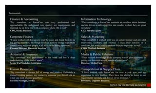 Testimonials
Finance & Accounting
“My consultant at FocusCore was very professional and
approachable. He understood very quickly my requirements and
matched me up for a role with a company where I fit in well”
CFO, Media Business
Corporate Finance
“I have worked with FocusCore over the years and found them to be
top quality recruiters. Their high levels of positive energy helps them
connect very well with people at all level of the hiring spectrum”
Finance Director, Financial Services
Actuarial & Insurance
“My consultant was professional in his work and has a deep
understanding of the market space”
Senior Cat Modeller, Insurance
Human Resources
“My consultant is always full of energy and positive. Definitely a
trusted working partner, my contact is someone you should talk to
when you need a honest good hire”
Snr HR Manager, Media
Information Technology
“The consultants at FocusCore maintain an excellent talent database
and are driven in delivering first rate results; in short they are great
recruiters”
CIO, Private Equity
Sales & Marketing
“The consultant I worked with was an astute listener and provided
trustworthy feedback and counsel. I used their services as a
candidate, but would readily endorse them to employers as well”
CMO, Medical Business
Media & Public Relations
“Their in depth knowledge of the company was of great assistance in
getting me thorough several rounds of interviews”
Director, Media Firm
Transportation & Supply Chain
“I have worked with FocusCore for over a year now and my
experience is very positive. They have the ability to listen to our
requirements carefully and deliver on his promises.”
President, Logistics Business
FOCUS ON YOUR CORE BUSINESS
 