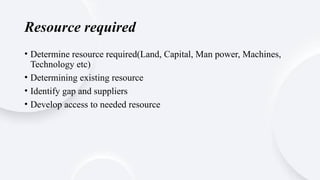 Resource required
• Determine resource required(Land, Capital, Man power, Machines,
Technology etc)
• Determining existing resource
• Identify gap and suppliers
• Develop access to needed resource
 