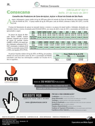 16

Notícias Canaoeste

Consecana

A

CIRCULAR Nº 03/11
DATA: 31 de maio de 2011

Conselho dos Produtores de Cana-de-Açúcar, Açúcar e Álcool do Estado de São Paulo

seguir, informamos o preço médio do kg do ATR para efeito de emissão da Nota de Entrada de cana entregue durante
o mês de MAIO de 2011. O preço médio do kg de ATR para o mês de MAIO, referente à Safra 2011/2012, é de R$
0,5148.

O preço de faturamento do açúcar no mercado interno e externo e os preços do etanol anidro e hidratado, destinados aos
mercados interno e externo, levantados pela ESALQ/CEPEA, nos meses de abril e maio de 2011 e acumulados até MAIO, são
apresentados a seguir:
Os preços do Açúcar de Mercado Interno (ABMI) incluem
impostos, enquanto que os preços
do açúcar de mercado externo
(ABME e AVHP) e do etanol anidro e hidratado, carburante (EAC e
EHC), destinados à indústria (EAI
e EHI) e ao mercado externo (EAE
e EHE), são líquidos (PVU/PVD).
Os preços líquidos médios do kg do ATR, em R$/kg, por produto,
obtidos nos meses de abril e maio de 2011 e acumulados até MAIO,
calculados com base nas informações contidas na Circular 01/11,
são os seguintes:

Revista Canavieiros - Junho de 2011

 
