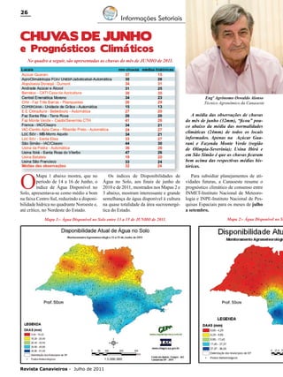 26

Informações Setoriais

CHUV
AS DE Junho

e Prognósticos Climáticos
No quadro a seguir, são apresentadas as chuvas do mês de JUNHO de 2011.

Engº Agrônomo Oswaldo Alonso
Técnico Agronômico da Canaoeste

O

A média das observações de chuvas
do mês de junho (32mm), “ficou” pouco abaixo da média das normalidades
climáticas (24mm) de todos os locais
informados. Apenas na Açúcar Guarani e Fazenda Monte Verde (região
de Olímpia-Severínia); Usina Ibirá e
em São Simão é que as chuvas ficaram
bem acima das respectivas médias históricas.

Mapa 1 abaixo mostra, que no
período de 14 a 16 de Junho, o
índice de Água Disponível no
Solo, apresentava-se como médio a bom
na faixa Centro Sul, reduzindo a disponibilidade hídrica no quadrante Noroeste e,
até crítico, no Nordeste do Estado.

Os índices de Disponibilidades de
Água no Solo, aos finais de junho de
2010 e de 2011, mostrados nos Mapas 2 e
3 abaixo, mostram interessante e grande
semelhança de água disponível à cultura
na quase totalidade da área sucroenergética do Estado.

Mapa 1:- Água Disponível no Solo entre 13 a 15 de JUNHO de 2011.

Revista Canavieiros - Julho de 2011

Para subsidiar planejamentos de atividades futuras, a Canaoeste resume o
prognóstico climático de consenso entre
INMET-Instituto Nacional de Meteorologia e INPE-Instituto Nacional de Pesquisas Espaciais para os meses de julho
a setembro.

Mapa 2:- Água Disponível no So

 