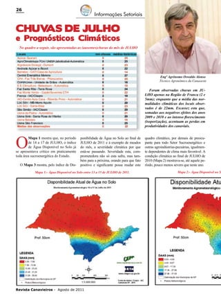 26

Informações Setoriais

CHUV
AS DE JuLho

e Prognósticos Climáticos
No quadro a seguir, são apresentadas as (ausentes)chuvas do mês de JULHO

Engº Agrônomo Oswaldo Alonso
Técnico Agronômico da Canaoeste

Foram observadas chuvas em JULHO apenas na Região de Franca (2 e
5mm); enquanto que a média das normalidades climáticas dos locais observados é de 22mm. Escassez esta que,
somadas aos negativos efeitos dos anos
2009 e 2010 e ao intenso florescimento
(isoporização), acentuam as perdas em
produtividades dos canaviais.

O

Mapa 1 mostra que, no período
de 14 a 17 de JULHO, o índice
de Água Disponível no Solo já
se apresentava crítico em praticamente
toda área sucroenergética do Estado.
O Mapa 3 mostra, pelo índice de Dis-

ponibilidade de Água no Solo ao final de
JULHO de 2011 e à exemplo de meados
do mês, a severidade climática por que
está-se passando. Severidade esta, comprometedora não só esta safra, mas também para a próxima, orando para que fato
positivo e significante possa mudar este

Mapa 1:- Água Disponível no Solo entre 13 a 15 de JULHO de 2011.

Revista Canavieiros - Agosto de 2011

quadro climático, por demais de preocupante para todo Setor Sucroenergético e
outras agroindústrias-pecuárias, igualmente dependentes de clima mais favorável. A
condição climática ao final de JULHO de
2010 (Mapa 2) mostrava-se, até aquele período, pouco menos severo que neste ano.

Mapa 2:- Água Disponível no S

 