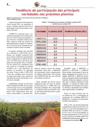 8

Artigo

Tendência de participação das principais
variedades nos próximos plantios
Roberto G. Chapola; Igor K. Nunes; Bruno Silvestrin; Hermann P. Hoffmann
PMGCA/RIDESA/UFSCar

Tabela 1 – Participação das principais variedades no plantio 2010
e tendências para o plantio 2011

A partir das primeiras informações do
Censo Varietal 2011, em andamento, é
possível adiantar algumas previsões de
participação futura das principais variedades cultivadas.
A RB867515 continuará como a variedade mais plantada. Estes últimos dois
anos tem sido de menor precipitação, o
que favoreceu variedades rústicas; portanto, espera-se ainda um aumento de
participação desta variedade. Comparando-se com 2010, há um aumento na porcentagem de plantio dessa variedade.
A segunda variedade mais cultivada
até o momento é a SP81-3250, que se
destaca nas unidades produtoras pelo
seu excelente rendimento agroindustrial.
Porém, comparando-se o plantio de 2011
com o de 2010, nota-se que houve uma
queda de participação dessa variedade.
Um dos fatores que contribuíram para
essa queda foi a expansão da colheita
mecânica crua, o que determinou um
aumento na ocorrência de cigarrinha
das raízes. Como se sabe, a SP81-3250
é uma das variedades mais suscetíveis
ao ataque dessa praga. Fora a questão da
cigarrinha não existe restrição para o cultivo desta variedade.
A RB966928, liberada em 2010 pelo
PMGCA/RIDESA/UFPR, deverá ocupar
o terceiro lugar entre as mais plantadas.
Essa variedade, que é filha da RB855156,
possui como características mais marcantes a precocidade e a excelente bro-

tação de soqueira, mesmo sob colheita
mecanizada. Além disso, a RB966928
tem apresentado ótimo comportamento
em plantios mecanizados. Vale ressaltar
que a RB966928 não deve ser cultivada
em ambientes restritivos.
Outra variedade que deverá crescer
significativamente em áreas de plantio
de 2010 para 2011 é a SP80-1842; suas
principais qualidades são a longevidade
e a exigência média em ambientes, fatores que foram primordiais para a expansão do seu plantio.

Variedades como a RB855453, a
RB855156, a SP83-2847 e a RB92579
devem manter os percentuais em áreas de
plantio semelhantes aos de 2010. Já as variedades RB835054 e RB855536 devem
sofrer uma pequena redução na participação
do plantio. Ambas são exigentes, e como se
sabe, hoje os melhores ambientes já estão
ocupados, e a expansão da cultura ocorre
principalmente em ambientes mais restritivos. Portanto, a participação das variedades
mais exigentes tende a se estabilizar.
Parece ser mais marcante nos novos plantios de 2011 a manutenção do
crescimento das variedades RB867515,
RB966928 e o aumento da participação
da SP80-1842 (Tabela 1).
Entre as IAC, que deverão representar
conjuntamente no plantio de 2011 por volta de 2 %, a de maior participação será a
IACSP95-5000, com cerca de 1%. Quanto
às CTC, com 11% nos novos plantios, as
de maior participação são a CTC-2, CTC-9
e CTC-15. Entre as novas RB, a RB937570
e RB965902 poderão aparecer entre as vinte variedades mais plantadas. RC

Revista Canavieiros - Agosto de 2011

 