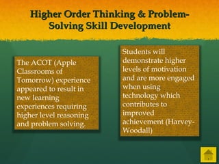 Higher Order Thinking & Problem-Higher Order Thinking & Problem-
Solving Skill DevelopmentSolving Skill Development
The ACOT (Apple
Classrooms of
Tomorrow) experience
appeared to result in
new learning
experiences requiring
higher level reasoning
and problem solving.
Students will
demonstrate higher
levels of motivation
and are more engaged
when using
technology which
contributes to
improved
achievement (Harvey-
Woodall)
 
