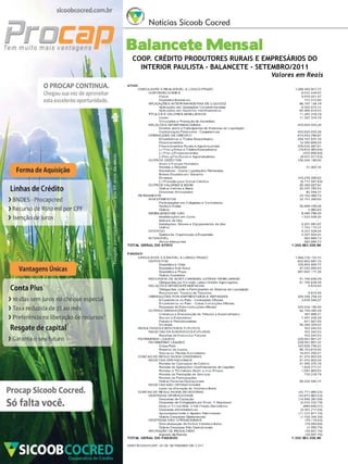 22

Notícias Sicoob Cocred

Balancete Mensal

COOP. CRÉDITO PRODUTORES RURAIS E EMPRESÁRIOS DO
INTERIOR PAULISTA - BALANCETE - SETEMBRO/2011

Valores em Reais

Revista Canavieiros - Outubro de 2011

 