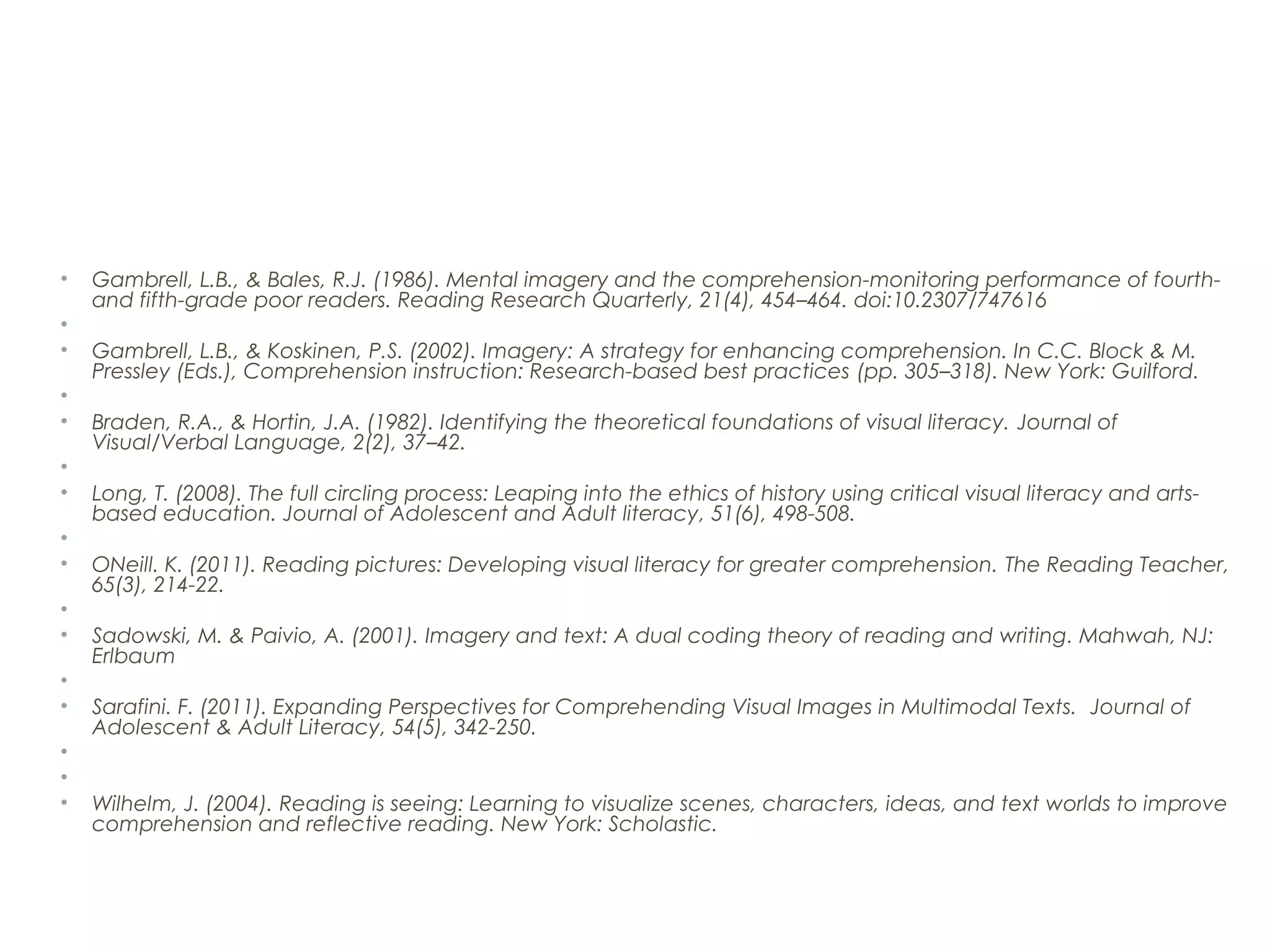 • Gambrell, L.B., & Bales, R.J. (1986). Mental imagery and the comprehension-monitoring performance of fourth-
and fifth-grade poor readers. Reading Research Quarterly, 21(4), 454–464. doi:10.2307/747616
•  
• Gambrell, L.B., & Koskinen, P.S. (2002). Imagery: A strategy for enhancing comprehension. In C.C. Block & M.
Pressley (Eds.), Comprehension instruction: Research-based best practices (pp. 305–318). New York: Guilford.
•  
• Braden, R.A., & Hortin, J.A. (1982). Identifying the theoretical foundations of visual literacy. Journal of
Visual/Verbal Language, 2(2), 37–42.
•  
• Long, T. (2008). The full circling process: Leaping into the ethics of history using critical visual literacy and arts-
based education. Journal of Adolescent and Adult literacy, 51(6), 498-508.
•  
• ONeill. K. (2011). Reading pictures: Developing visual literacy for greater comprehension. The Reading Teacher,
65(3), 214-22.
•  
• Sadowski, M. & Paivio, A. (2001). Imagery and text: A dual coding theory of reading and writing. Mahwah, NJ:
Erlbaum
•  
• Sarafini. F. (2011). Expanding Perspectives for Comprehending Visual Images in Multimodal Texts. Journal of
Adolescent & Adult Literacy, 54(5), 342-250.
•  
•  
• Wilhelm, J. (2004). Reading is seeing: Learning to visualize scenes, characters, ideas, and text worlds to improve
comprehension and reflective reading. New York: Scholastic.
 